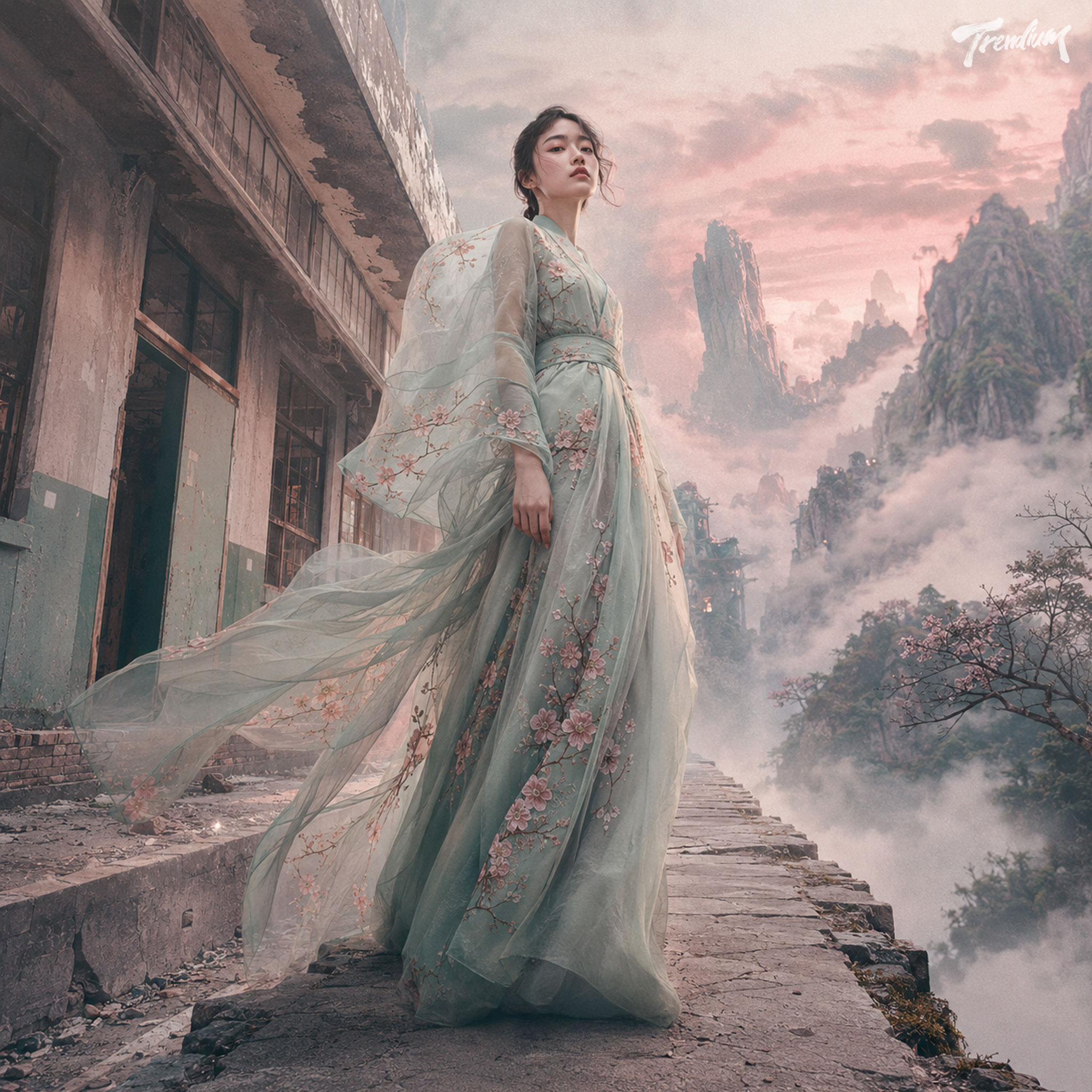 &nbsp; [prompt] A low-angle full-body fashion portrait of a Korean female model wearing a pale celadon organza gown embroidered with peach blossom motifs, standing on a narrow stone path rising from an abandoned school corridor into monumental misty mountains, flowing fabric caught in the wind, dreamcore nostalgia fused with Mongyudowondo landscape, dramatic vertical composition, soft pink dawn light, ink-wash clouds, cinematic Korean fashion editorial, surreal movie poster, subtle analog film grain, no text.&nbsp;&nbsp;