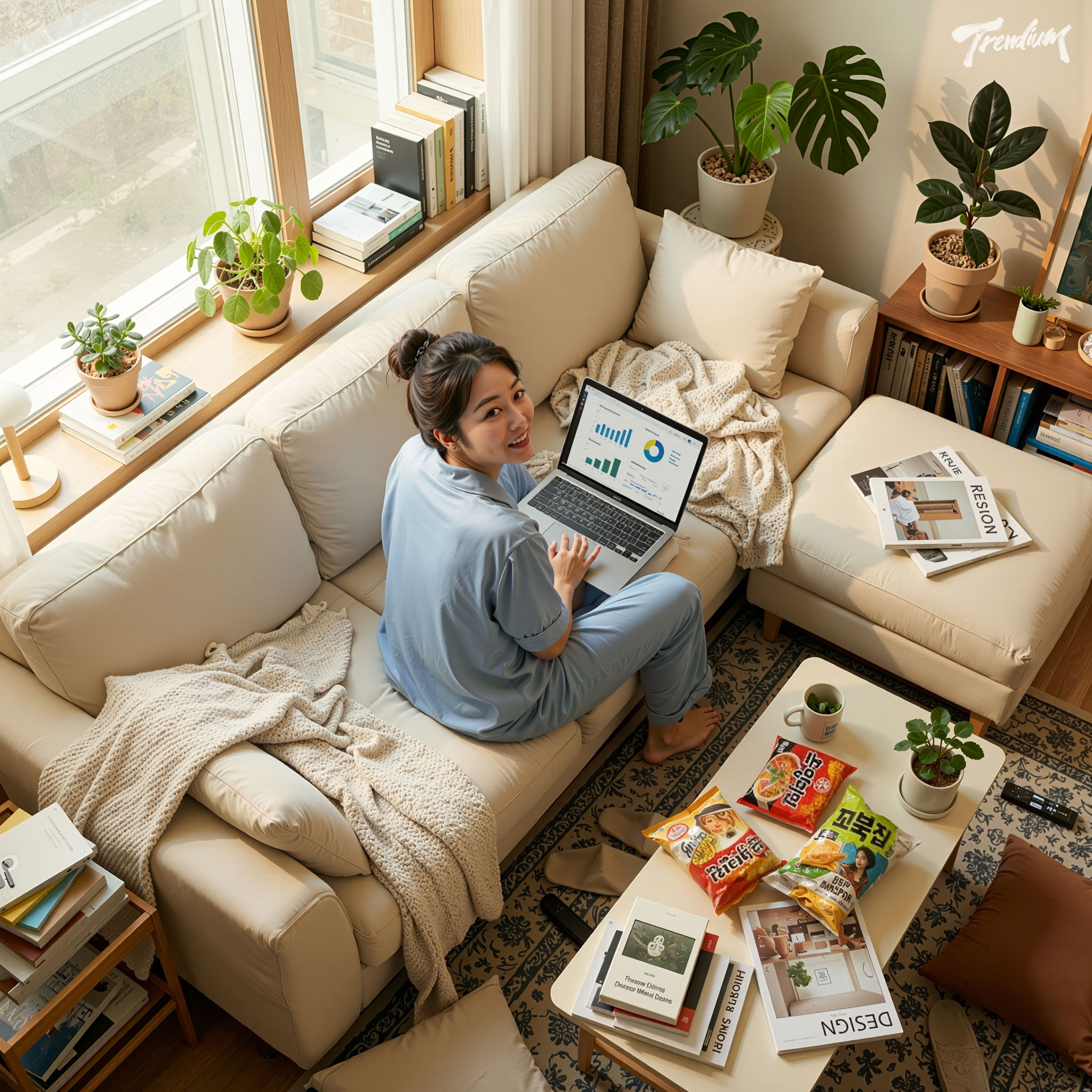 [prompt] A Korean woman in soft blue pajamas working on a laptop from a cream sectional sofa, cozy plant-filled apartment, books, knitted blankets and Korean snacks scattered around, warm morning sunlight, candid home-office lifestyle photography, high-angle wide shot, natural lived-in atmosphere, soft beige tones, realistic editorial style.