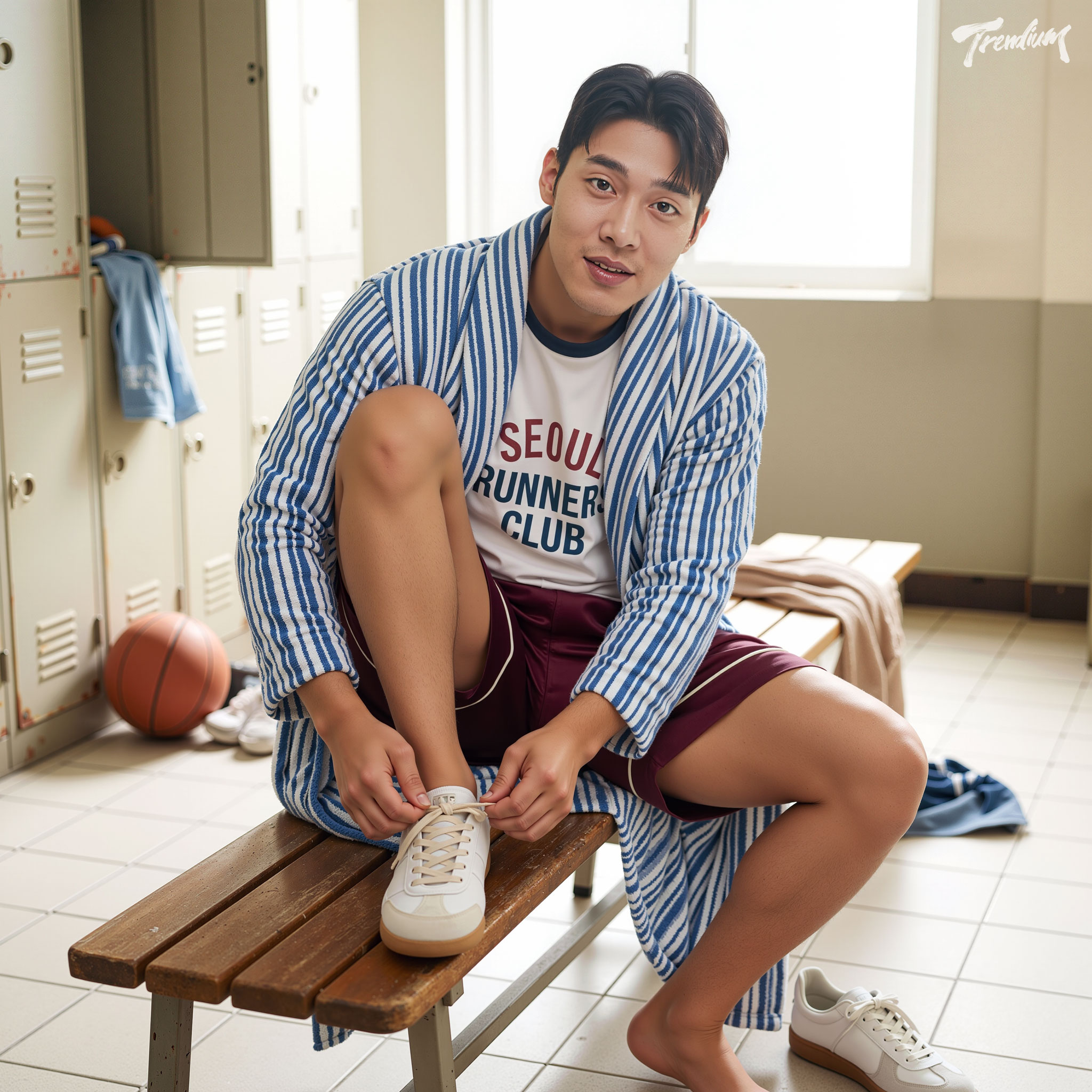 [prompt] A handsome Korean male model tying his white sneakers on a wooden bench in a bright vintage locker room, wearing burgundy running shorts, a white graphic T-shirt and a blue-and-white striped bathrobe, basketball and open lockers nearby, candid sporty pajamacore mood, soft morning sunlight, realistic fashion editorial photography.