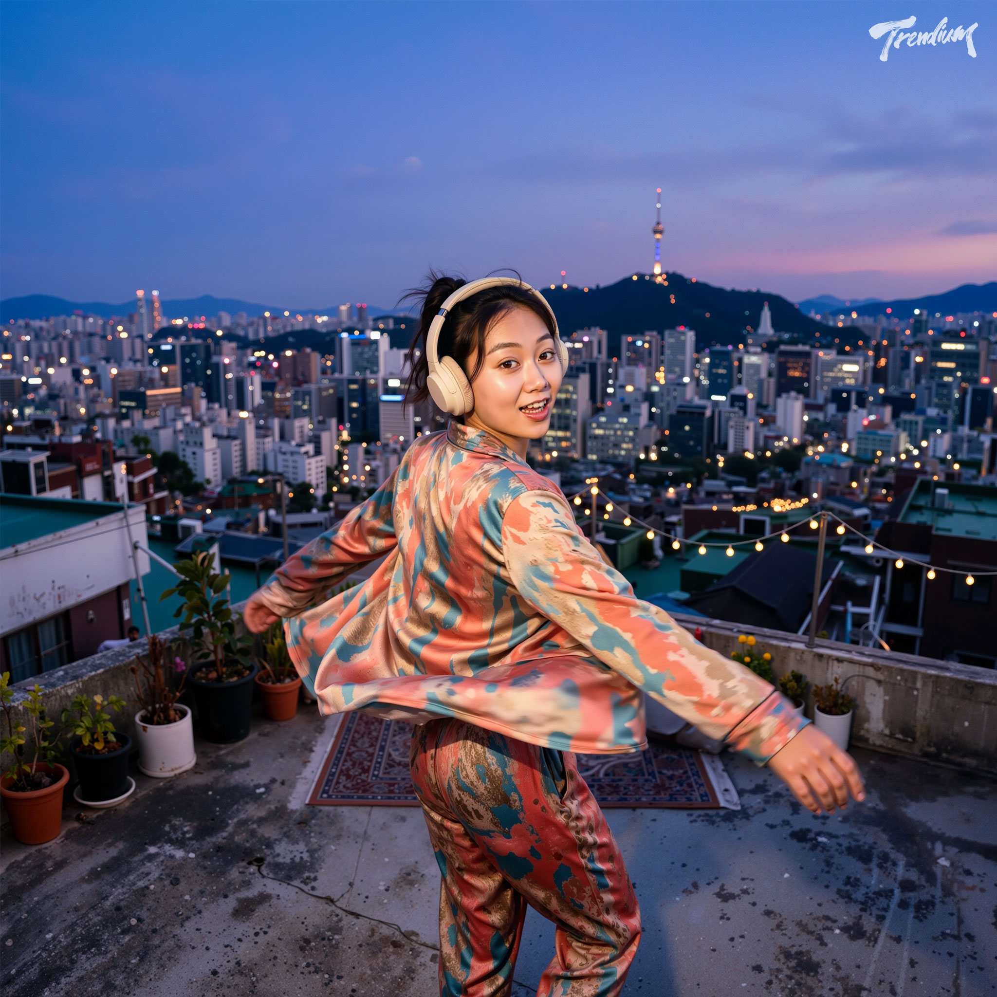 [prompt] A Korean female model dancing on a Seoul rooftop at blue hour, wearing a colorful abstract-print pajama set and cream over-ear headphones, turning back toward the camera with a lively smile, Namsan Seoul Tower and glowing city skyline in the background, string lights and potted plants, dynamic candid movement, wide-angle fashion editorial photography, vibrant cinematic lighting.