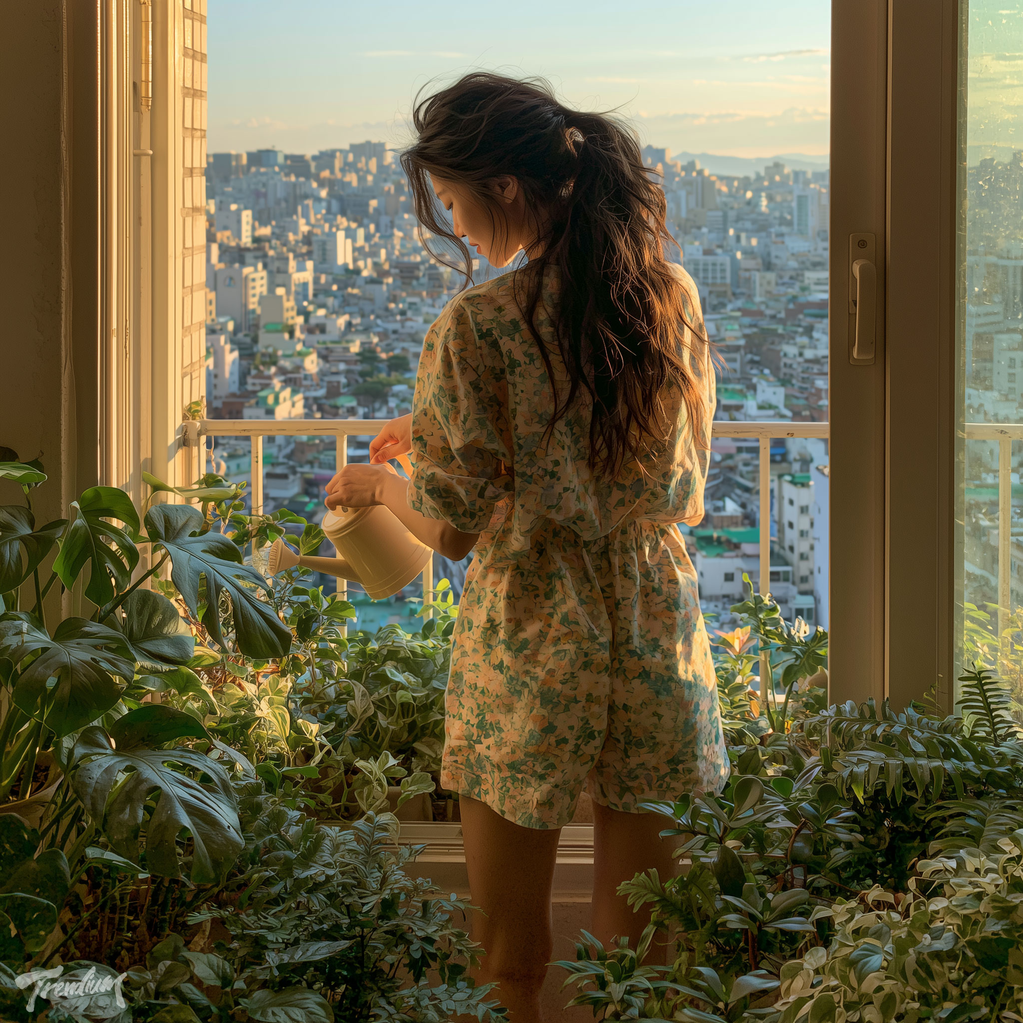 [prompt] Over-the-shoulder shot from behind a Korean woman as she meticulously waters her plants on a cozy apartment balcony. She wears a casual, patterned cotton short pajama set. The camera captures her careful movements and the detailed green foliage of various houseplants in the foreground. Through the small balcony window, a vibrant city view of Seoul under the bright afternoon sun is visible. Her back is mostly to the camera, but the focus is on the interaction and the environment.