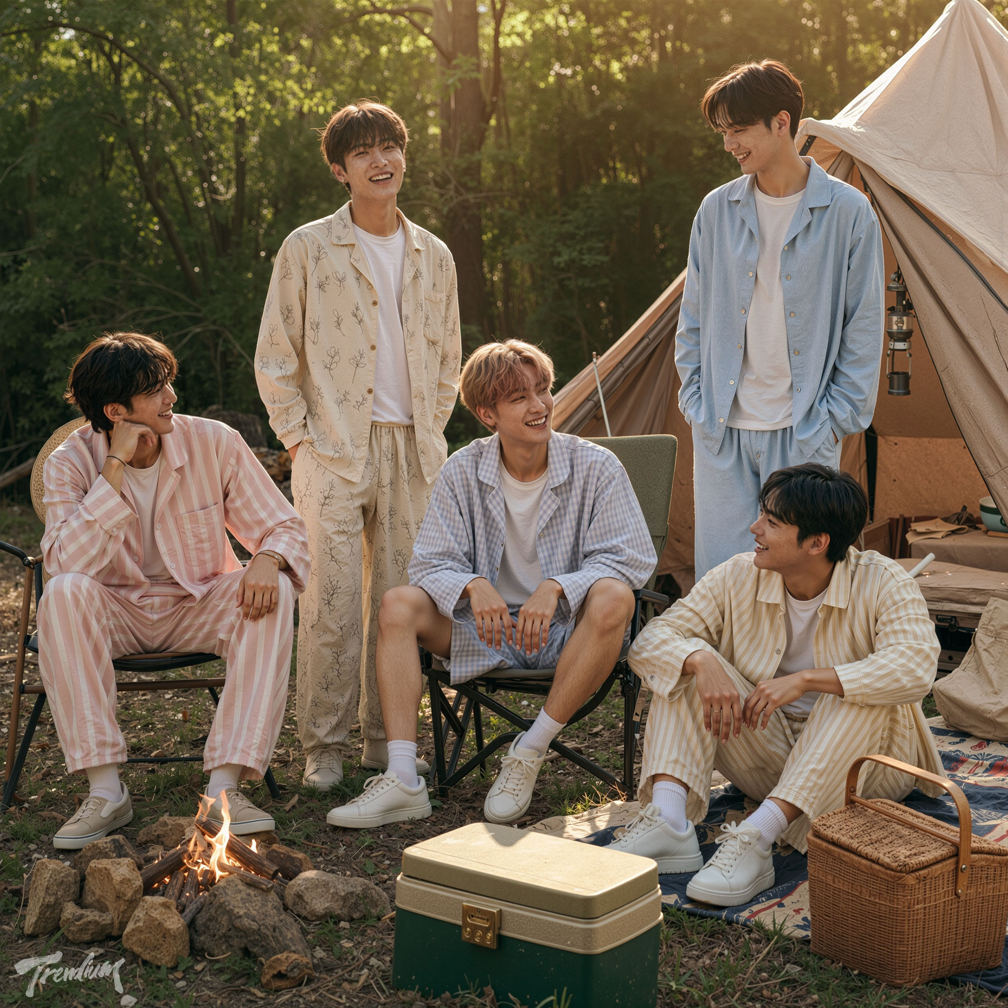 [prompt] Five handsome Korean male models relaxing and laughing together at a forest campsite, wearing pastel striped, floral and gingham pajama sets with white T-shirts and sneakers, canvas glamping tent, campfire, picnic basket and vintage cooler, warm golden-hour sunlight, candid friendship moment, cozy pajamacore fashion editorial photography, natural cinematic atmosphere.