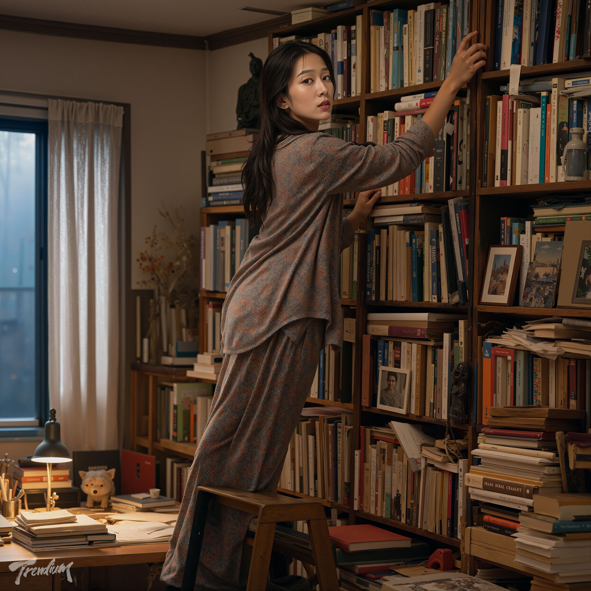 [prompt] A Korean female model reaching for a book on a tall wooden bookshelf in a cozy, cluttered home library, wearing a dark paisley silk pajama set, standing on a small wooden stool and glancing back at the camera, stacks of books, framed photographs and a glowing desk lamp, warm evening light, intimate candid moment, realistic cinematic fashion editorial photography.