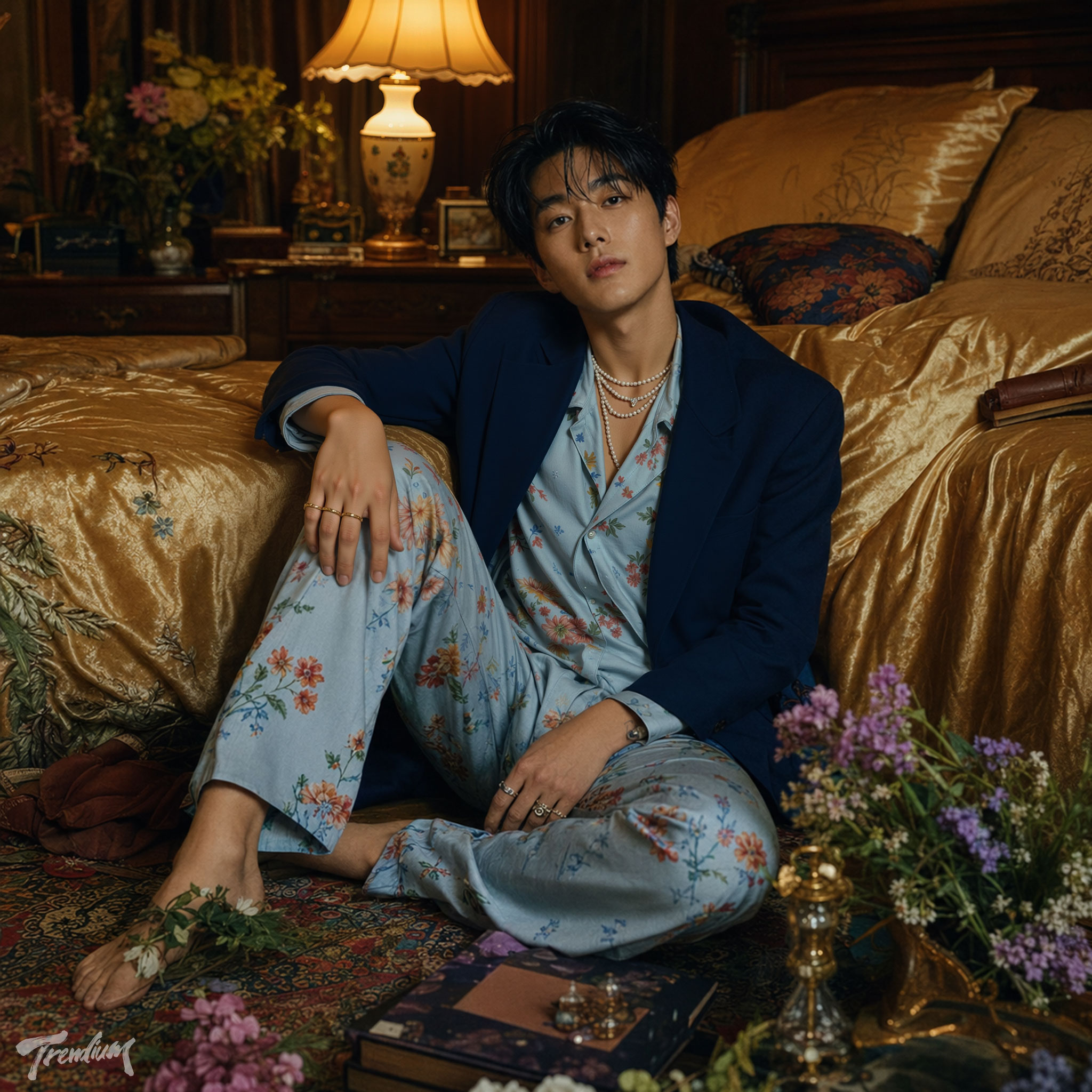 [prompt] A handsome Korean male model lounging barefoot beside a luxurious vintage bed, wearing a light blue floral silk pajama set layered with a navy tailored blazer, pearl necklaces and rings, surrounded by flowers, antique books and ornate décor, warm amber lamplight, intimate maximalist bedroom, sensual pajamacore fashion editorial photography, cinematic realism.