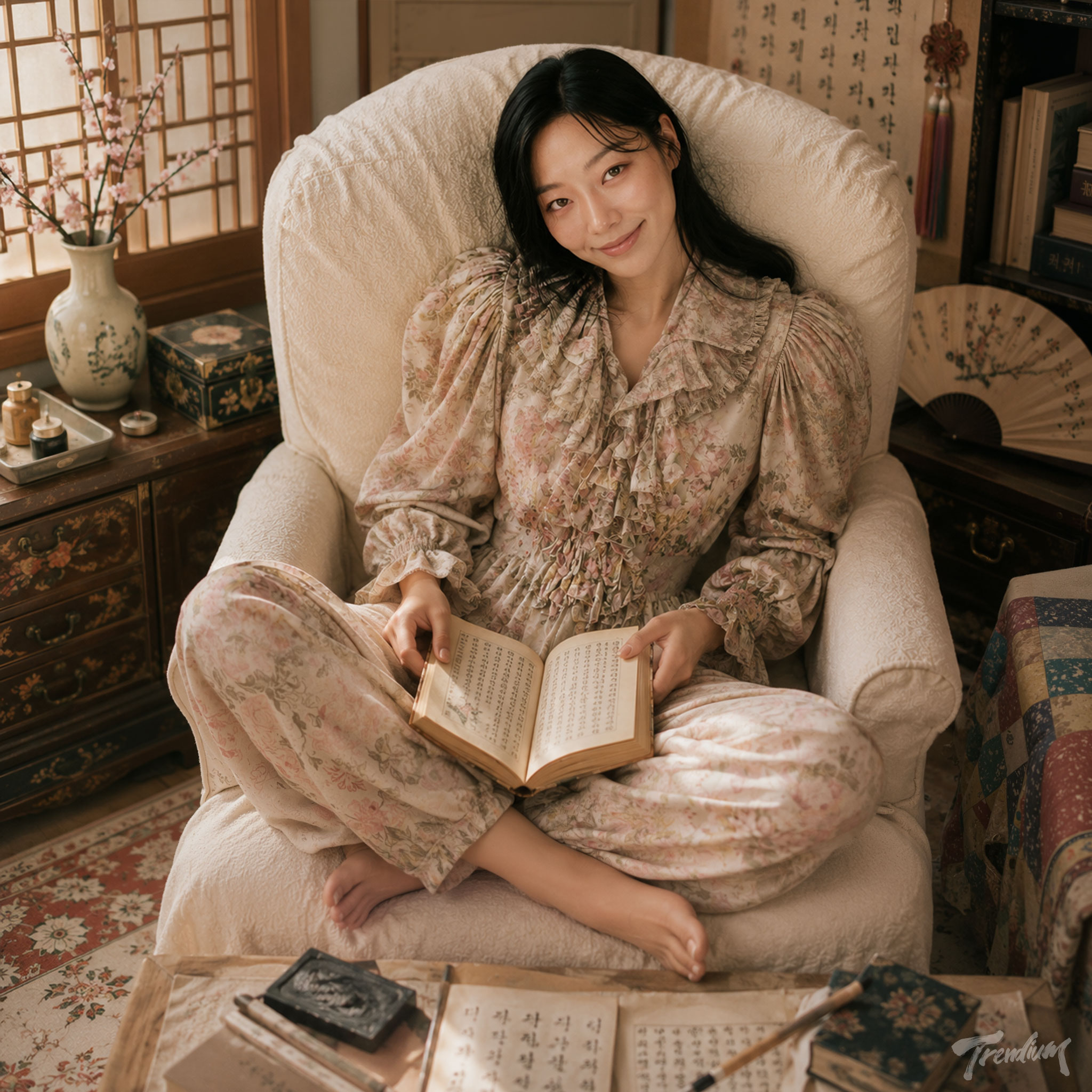 [prompt] A beautiful Korean woman sitting cross-legged in a cream armchair, wearing a romantic floral ruffled pajama set and reading an antique Korean book, surrounded by traditional folding fans, calligraphy, embroidered fabrics and lacquered furniture, warm sunlight through hanji windows, cozy maximalist gyubang interior, intimate pajamacore fashion editorial photography.