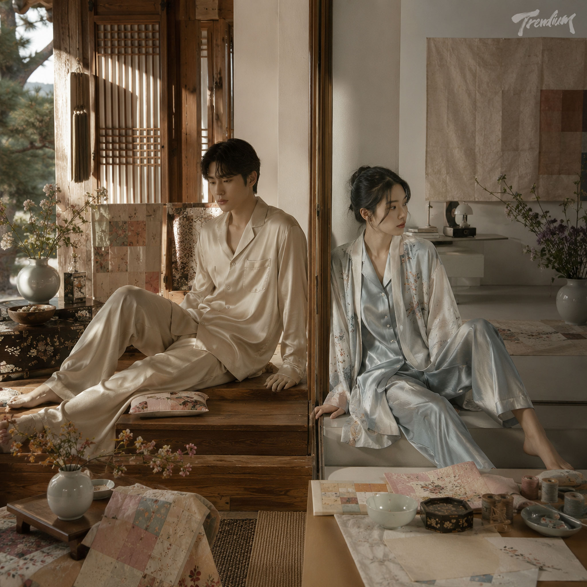 [prompt] A Korean man and woman sitting on opposite sides of a doorway between a traditional hanok and a modern minimalist room, wearing ivory and pale blue silk pajamas, surrounded by floral jogakbo patchwork, embroidery threads, ceramics and wildflowers, warm afternoon sunlight, intimate gyubangcore pajamacore fashion editorial, cinematic realism.