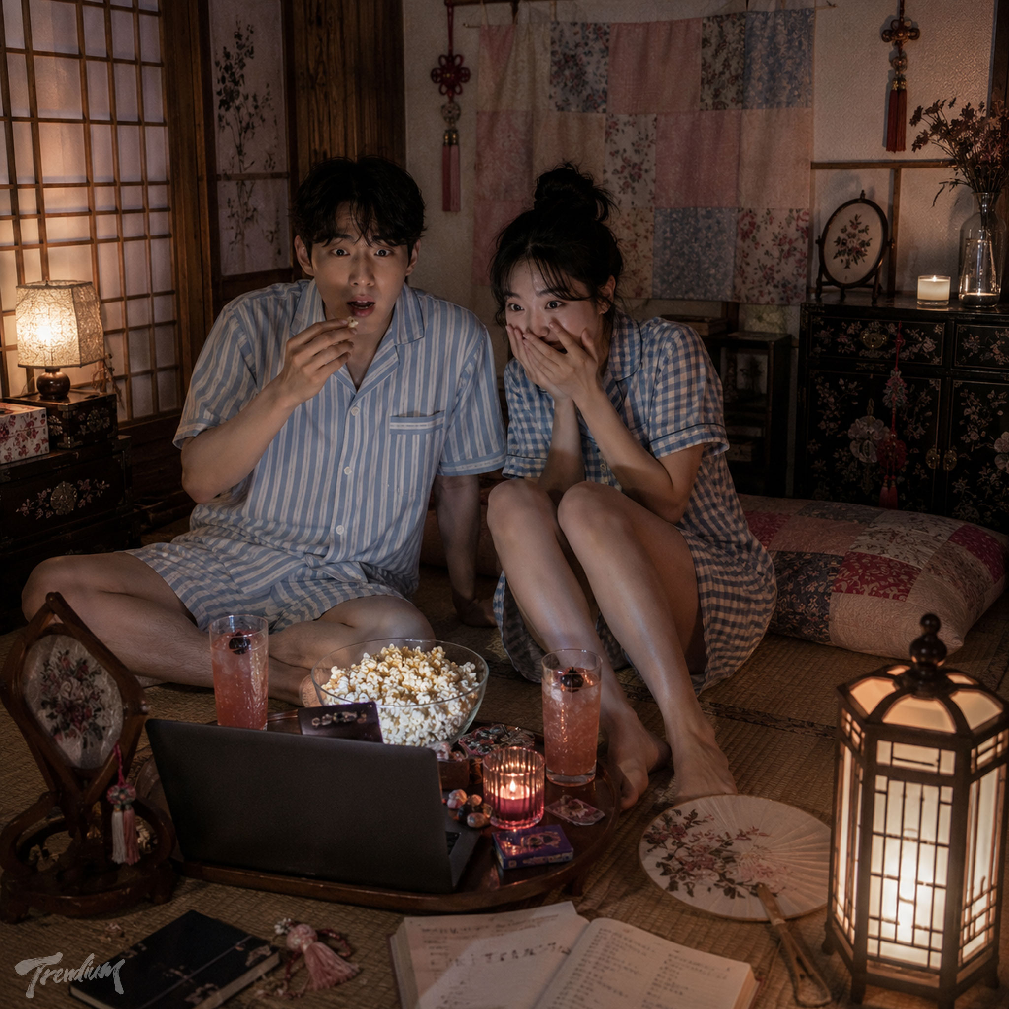 [prompt] A young Korean couple in blue striped and gingham pajamas watching a scary movie on a laptop in a cozy traditional gyubang room, sitting on the floor with popcorn and pink drinks, surprised expressions, surrounded by floral jogakbo quilts, embroidered fans, lacquered furniture and warm lantern light, intimate pajamacore lifestyle editorial photography, cinematic realism.