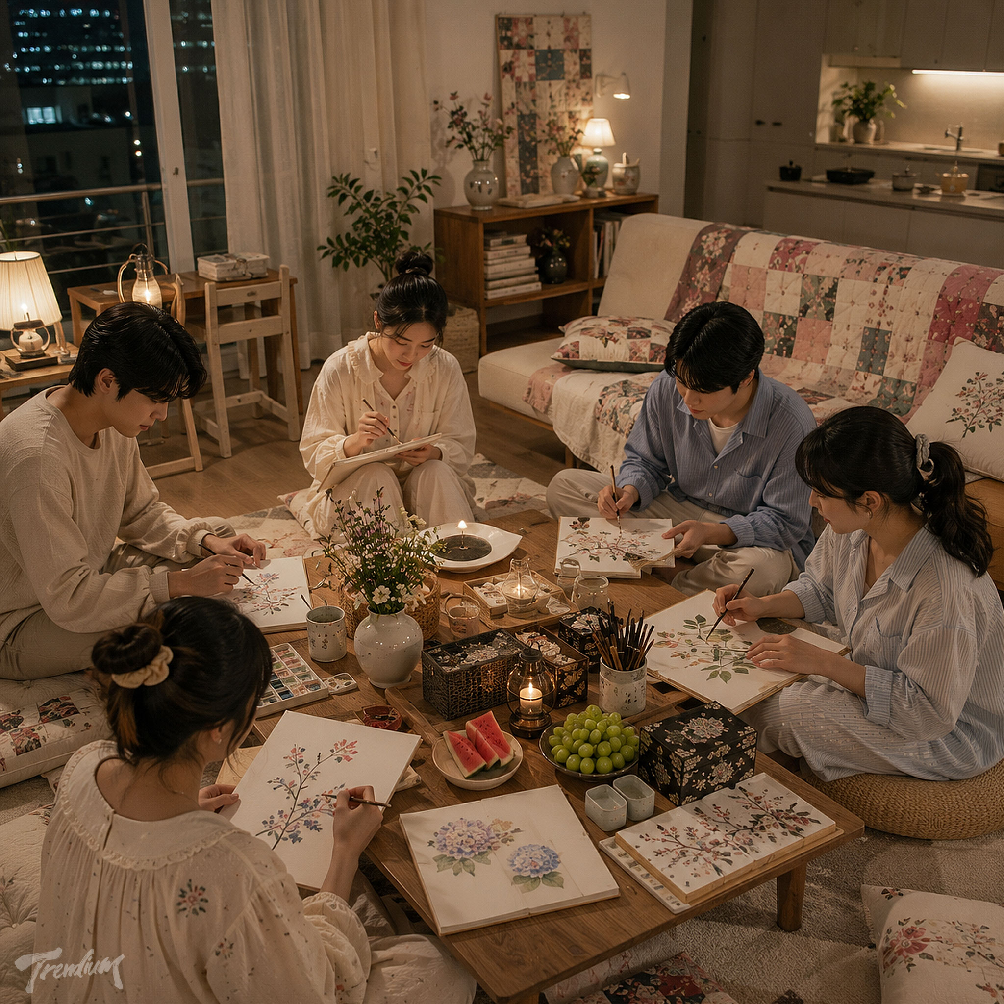 [prompt] Five young Korean friends in soft cotton pajamas sitting around a low wooden table, painting delicate flowers together in a cozy modern apartment, surrounded by floral jogakbo quilts, embroidery boxes, ceramics, wildflowers and fruit, warm evening lamplight, intimate gyubangcore pajamacore gathering, candid lifestyle editorial photography, cinematic realism.