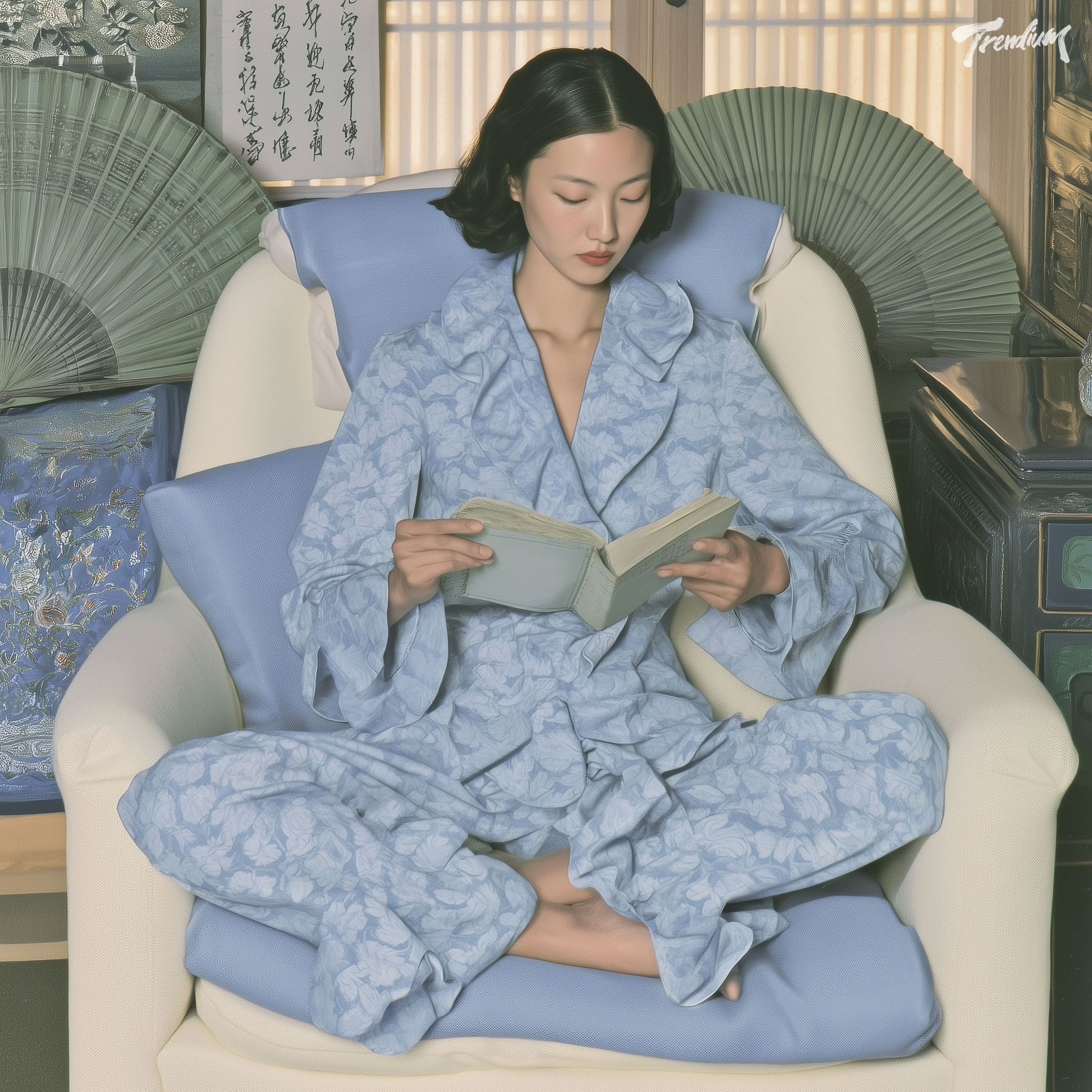 [prompt] A beautiful Korean woman sitting cross-legged in a cream armchair, wearing a romantic floral ruffled pajama set and reading an antique Korean book, surrounded by traditional folding fans, calligraphy, embroidered fabrics and lacquered furniture, warm sunlight through hanji windows, cozy maximalist gyubang interior, intimate pajamacore fashion editorial photography. --sref 3243766370