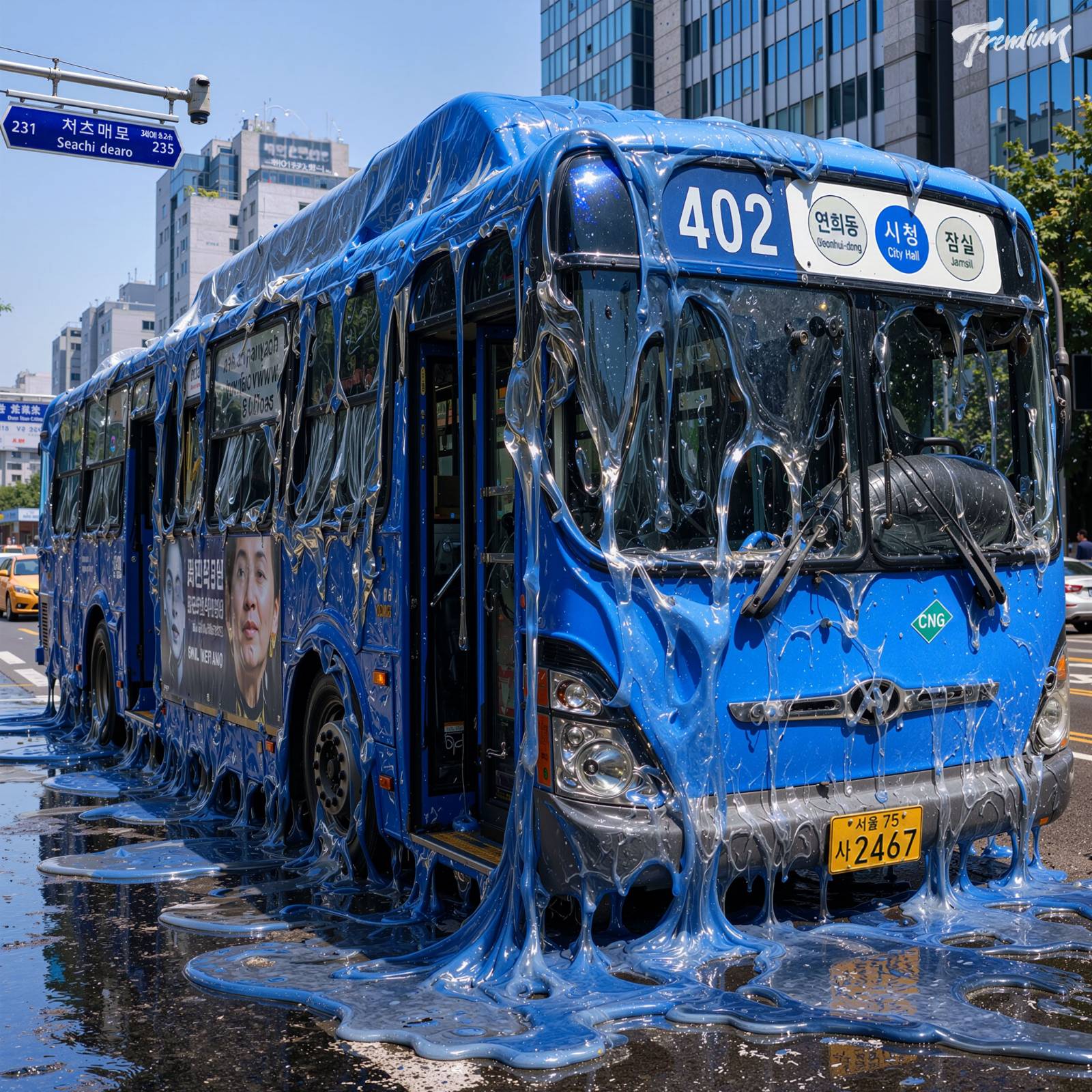 [prompt] A hyper-detailed street view of a blue Seoul city bus melting under blistering summer heat, its metal body sagging and dripping down like hot wax onto the wet asphalt. Distorted windows, hyperrealistic fluid texture, vibrant blue and silver colors, cinematic lighting.