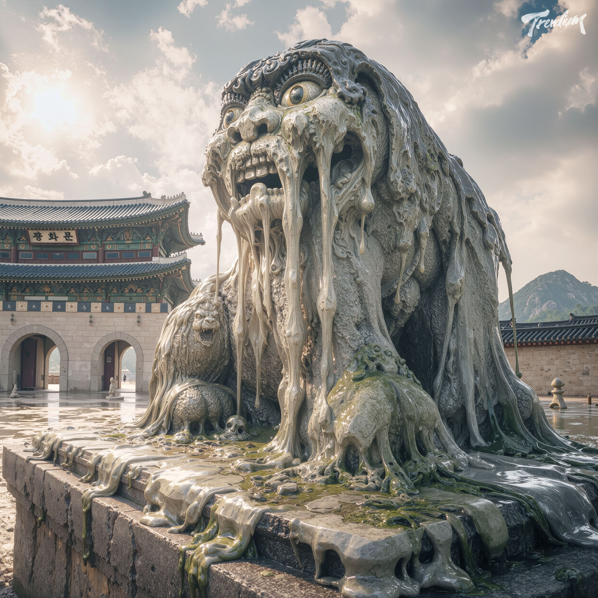 [prompt] A large, weathered stone statue of a Haechi (mythical guardian lion) in Gwanghwamun, Seoul, is shown actively melting. Its formidable features are smoothed and dripping, turning the majestic guardian into a pool of molten rock and ancient moss. Dramatic lighting, historical contrast.