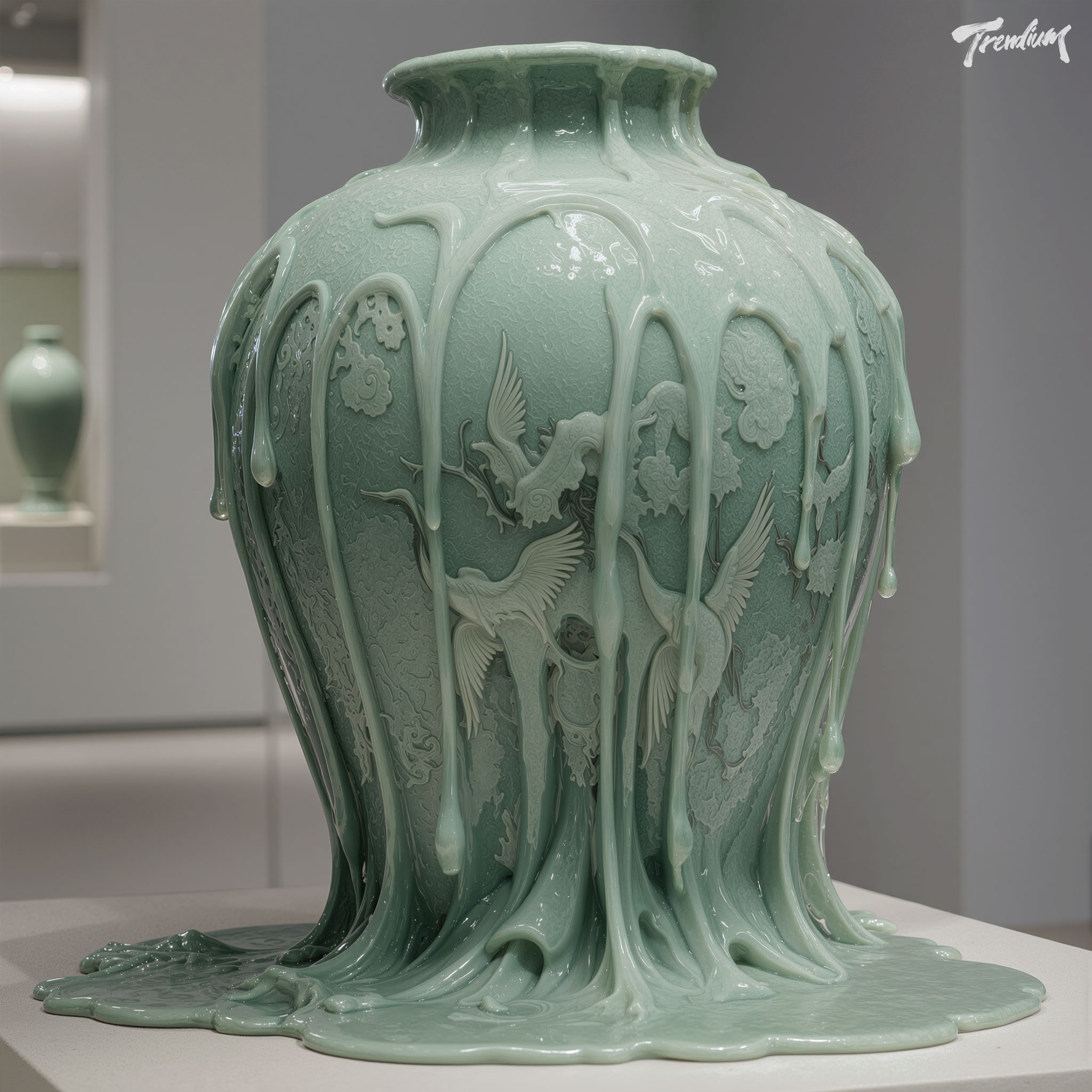 [prompt] A surreal close-up of a priceless Goryeo Celadon vase melting into a pool of jade-green glaze. The intricate crane and cloud patterns are distorted and elongated, flowing down the surface. Hyperrealistic ceramic texture mixed with viscous liquid, reflecting a soft, diffused light in a minimalist museum setting.
