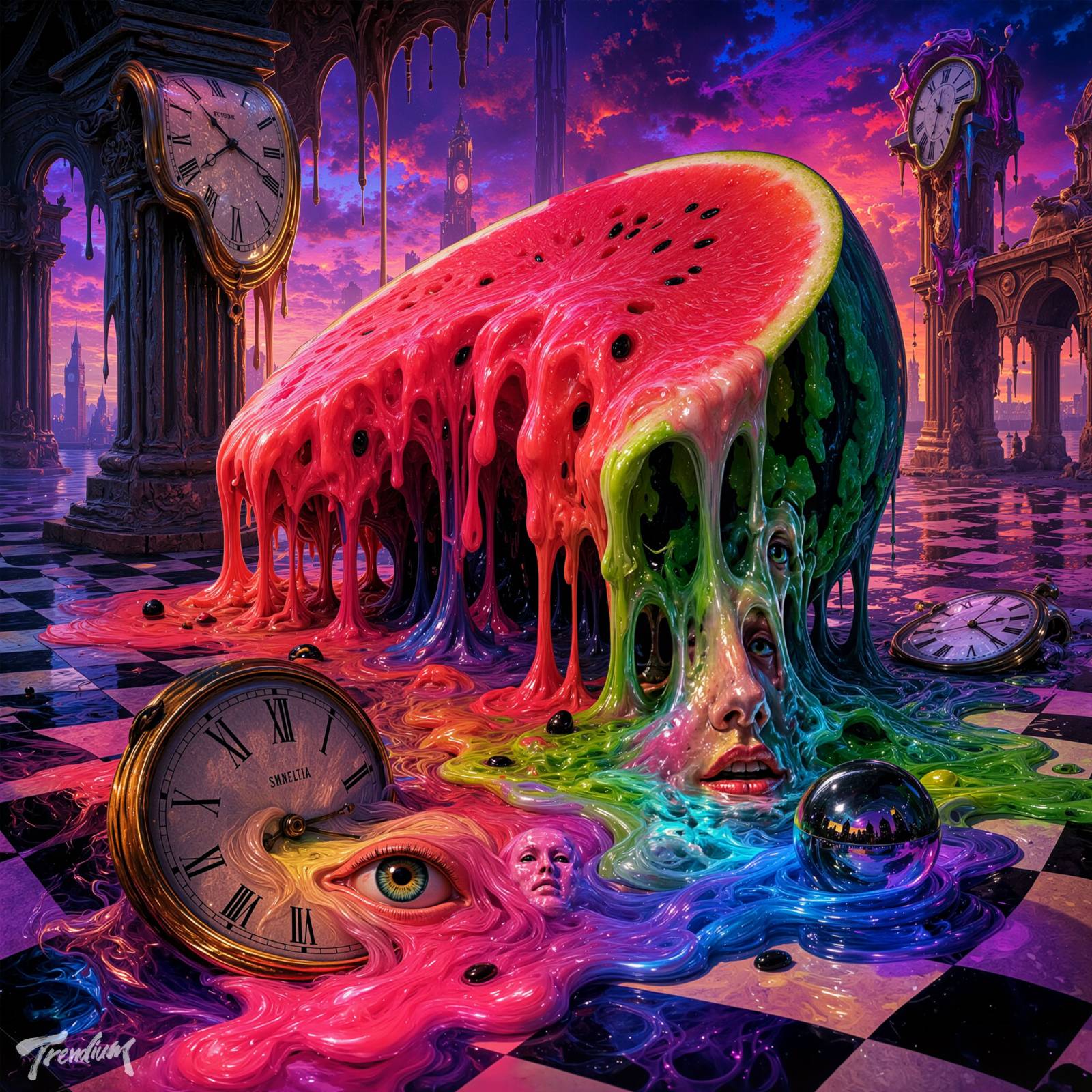 [prompt] A surreal meltcore digital painting, A halved watermelon appears to be melting into a viscous, colorful liquid. Its red flesh and green rind are transformed into thick, slow-dripping streams of gooey, luminescent substances, pooling onto a distorted, checkerboard-patterned surface. Within the melting mass, abstract, dreamlike shapes and fragmented memories emerge: a clock face is half-submerged, an eye is floating, and distorted facial features are swirling in the liquid. The background is an impossible, melting architectural landscape with Salvador Dalí-esque melting clocks and warped columns under a twilight sky. The color palette is intensely saturated with neon pinks, electric blues, purples, and vibrant greens, creating a hallucinatory and gooey texture. The lighting is dramatic and directional, emphasizing the fluid, sticky quality of the melting fruit.