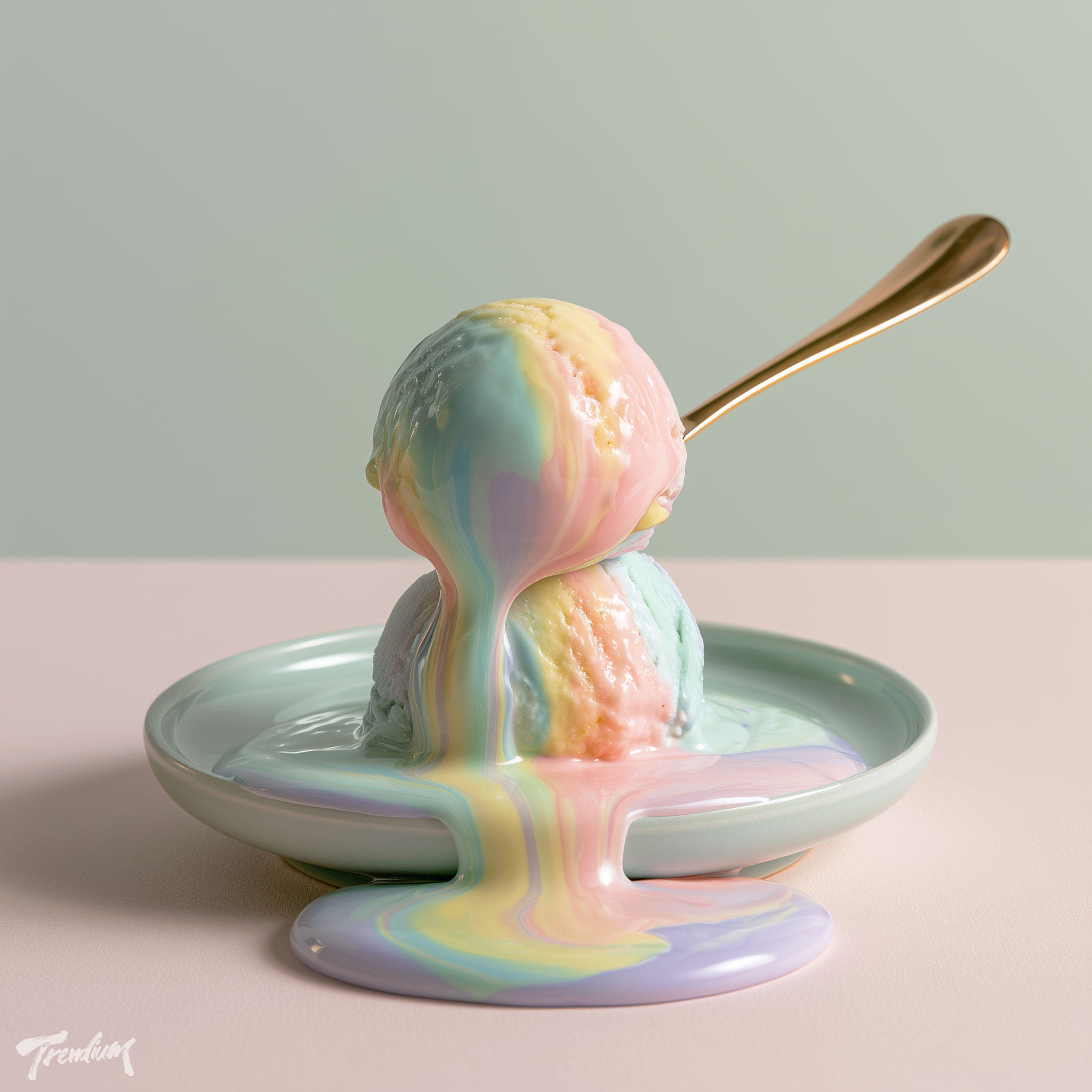 [prompt] A macro food styling photo of a multi-colored pastel ice cream scoop melting rapidly down a ceramic plate, dripping syrupy streams, glossy wet surface, soft summer window light, creamy texture, minimalist background