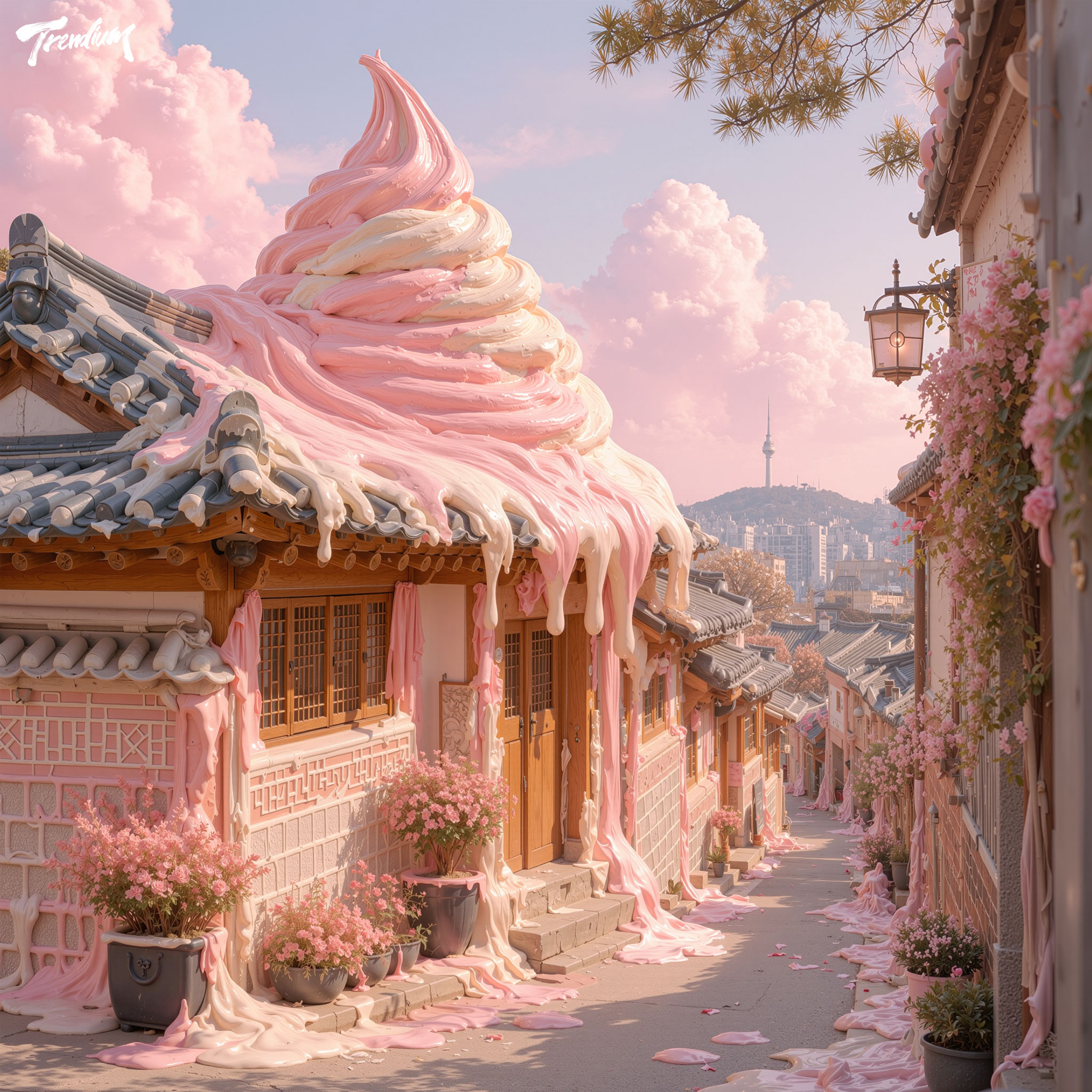 [prompt] A whimsical street scene of a cozy Korean residential alley, a giant soft-serve ice cream melting and drooping over a traditional rooftop like soft wax, pastel pink and cream tones, surreal fluid architecture, soft diffused summer light, architectural digest style