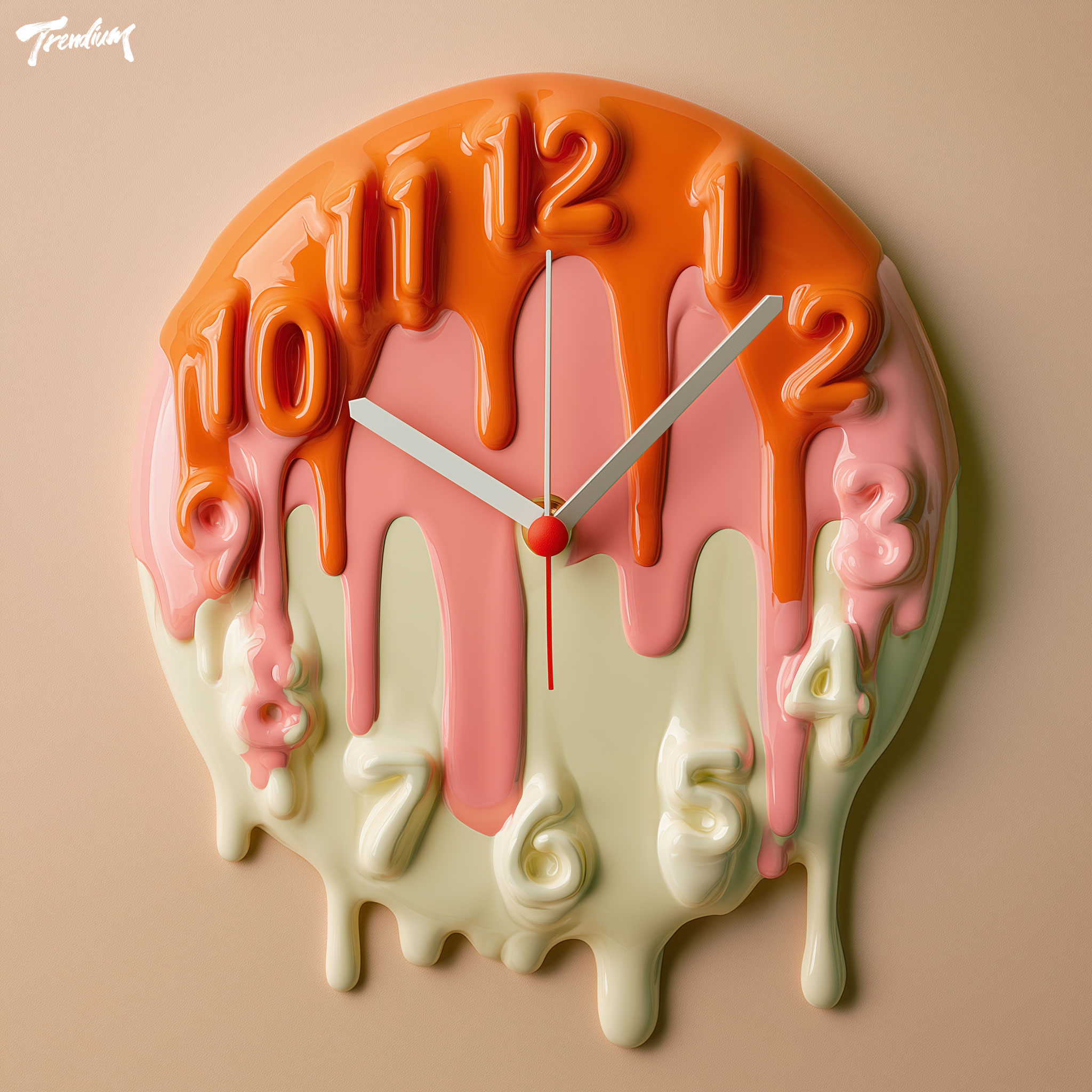 [prompt] melting wall clock object, layered color-block drips in orange-pink-cream, gravity-defying liquid numerals, solid beige backdrop, glossy toy-like render, product photography