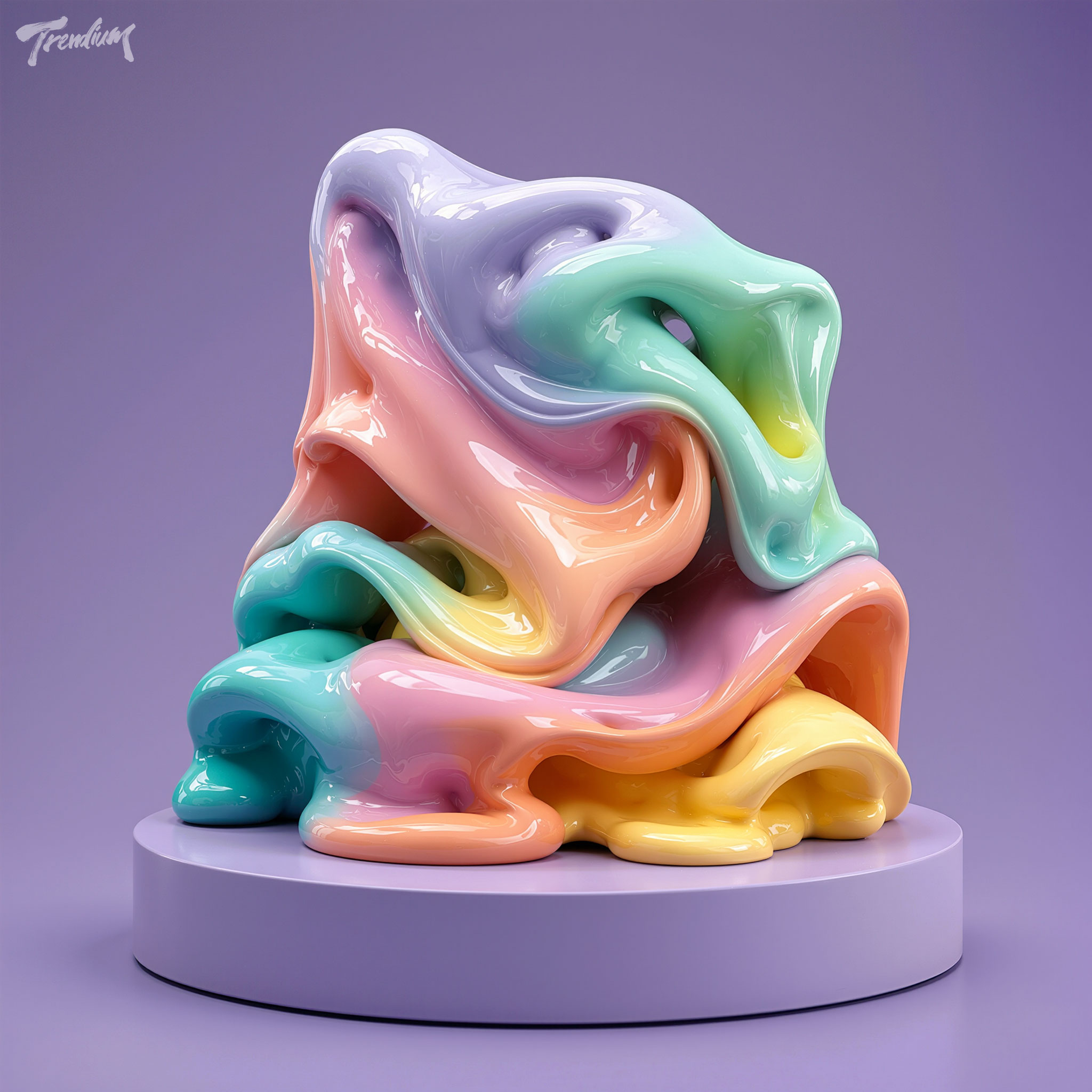 [prompt] Original abstract meltcore sculpture composed of interlocking liquid loops and stretched ring-like forms, each loop partially melting into the next, glossy lacquer and translucent resin surfaces, rounded openings, elongated drips, soft tension between gravity and suspension, saturated palette of magenta, cobalt, mint, tangerine and lavender, sculptural pedestal, bold teal studio background, pristine product photography, soft directional lighting, tactile reflective finish, contemporary surreal abstraction, no recognizable object, no text, no brand, no reference to existing artwork.