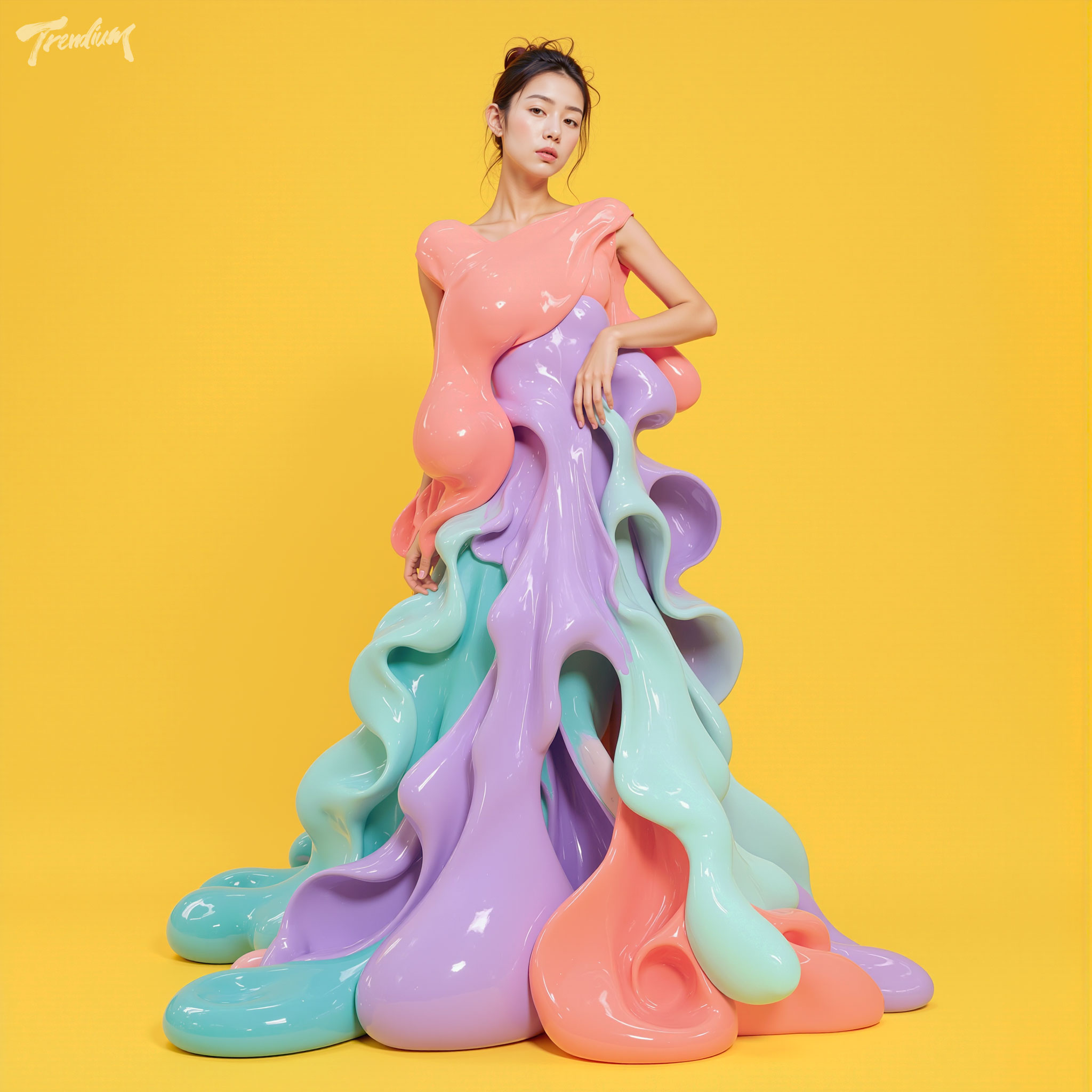 [prompt] Korean female model, early 20s, dress with layered color-block melt in coral-lavender-mint, impossible liquid form draping to floor, solid yellow backdrop, toy-like glossy render, editorial studio lighting.