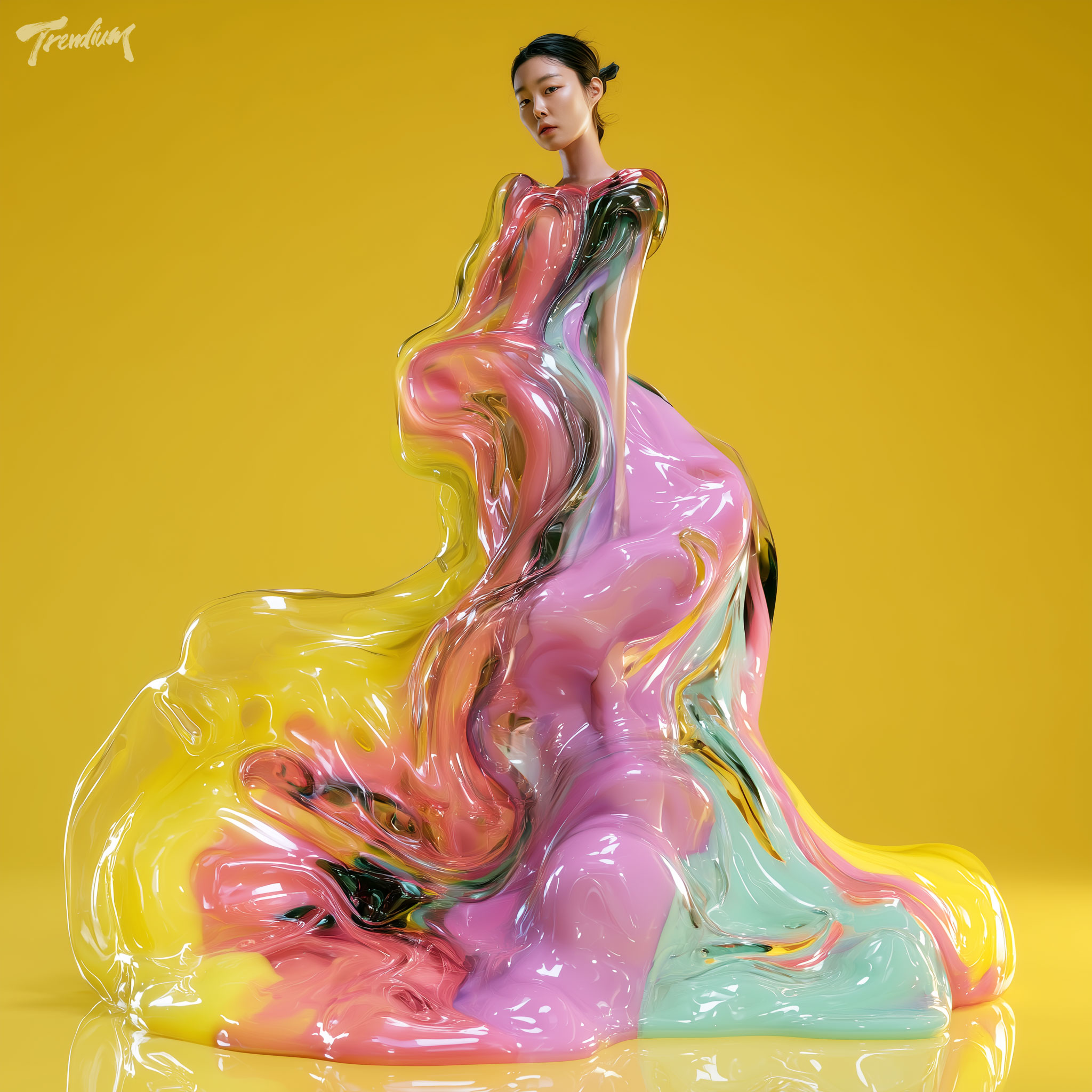 [prompt] Korean female model, early 20s, dress with layered color-block melt in coral-lavender-mint, impossible liquid form draping to floor, solid yellow backdrop, toy-like glossy render, editorial studio lighting. --sref 4149260915