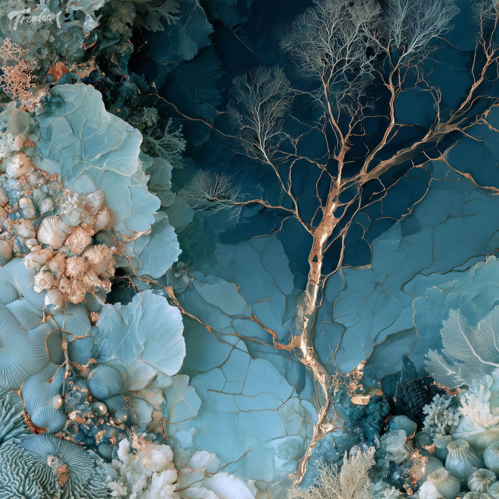 [prompt] coral and barnacle growth emerging from cracked skin, wet dripping metallic-organic texture, abyssal blue-black gradient --raw --stylize 500