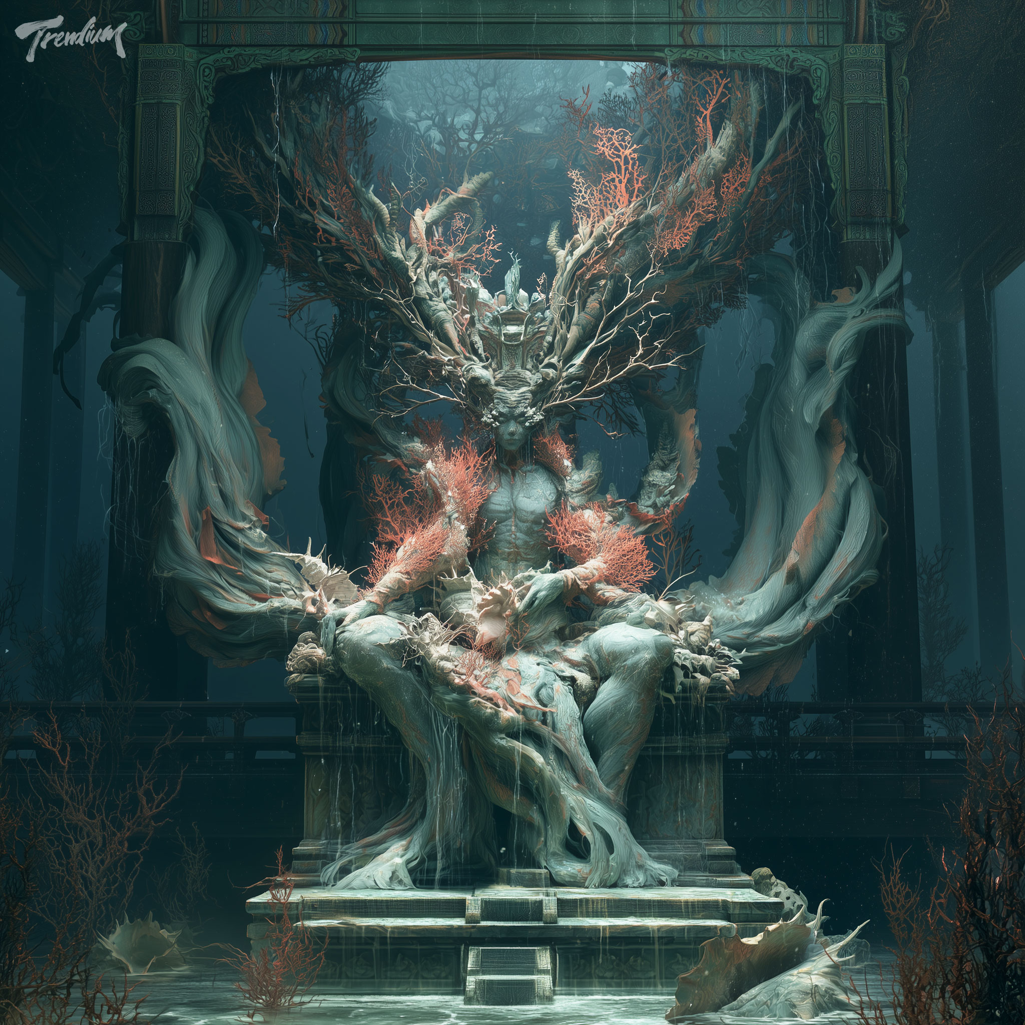 [prompt] A ceremonial Korean sea deity seated inside a shadowy underwater shrine, human anatomy fused with coral branches, shells and flowing dragon-like fins, subtle Korean dancheong colors beneath wet textures, solemn symmetry, cinematic mythological portrait.
