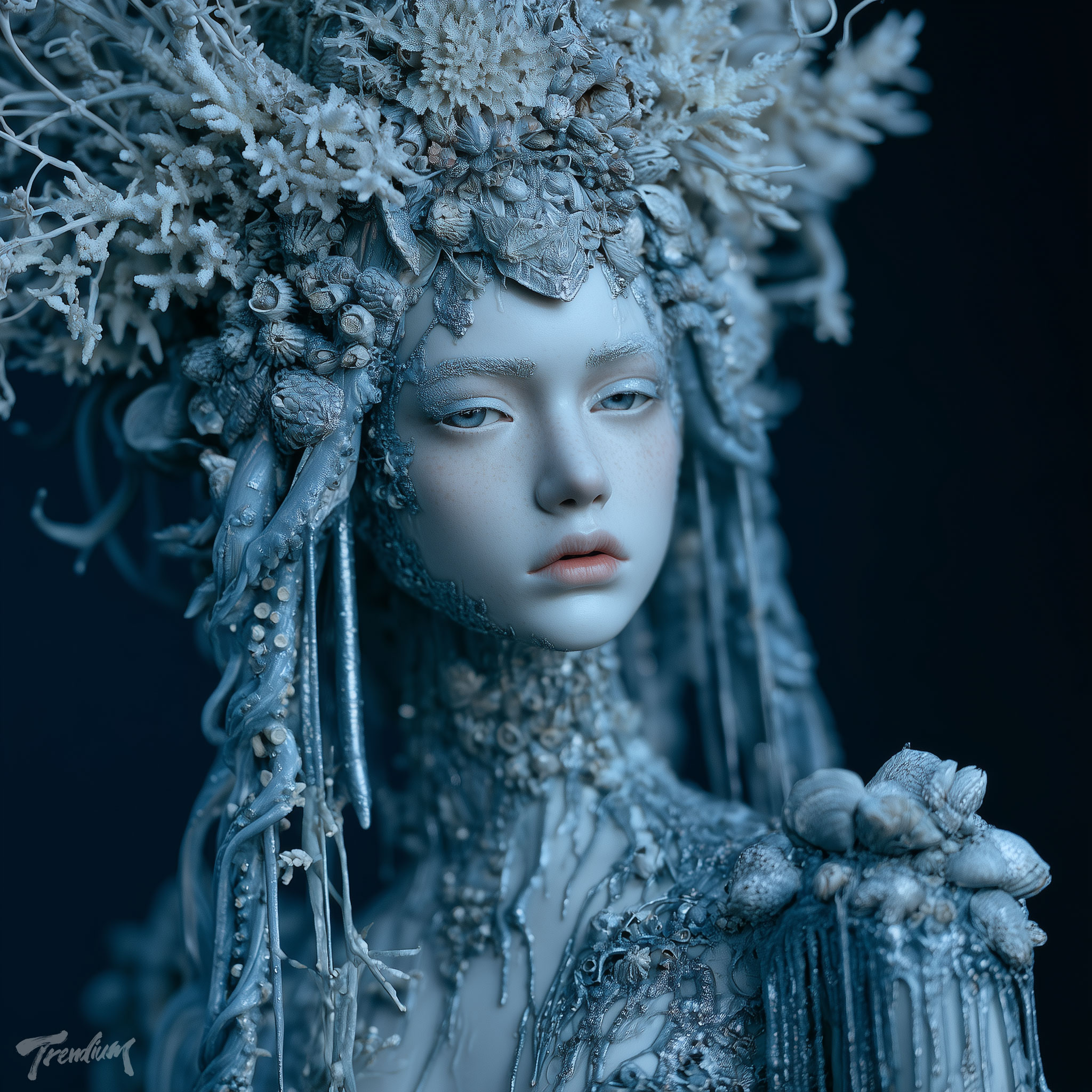 [prompt] Porcelain doll-like skin fused with barnacle ornamentation, tentacle-like hair, coral-encrusted headdress, wet dripping metallic-organic texture, abyssal blue-black backdrop, uncanny symmetry, studio lighting