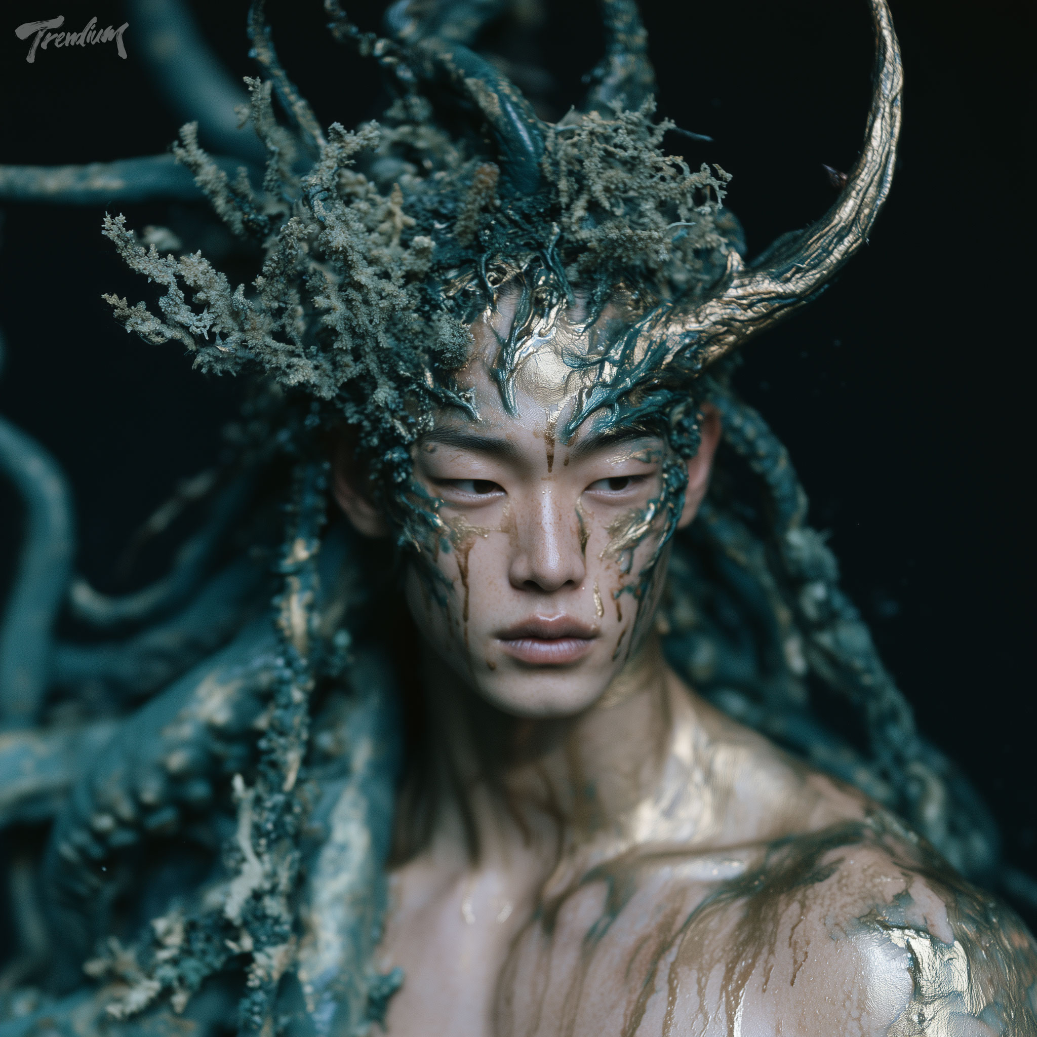 [prompt] Korean male model, early 20s, dragon horn growing from temple, tentacle-like hair fused with coral, wet dripping bronze-gold texture on skin, dark abyssal backdrop --raw --stylize 550