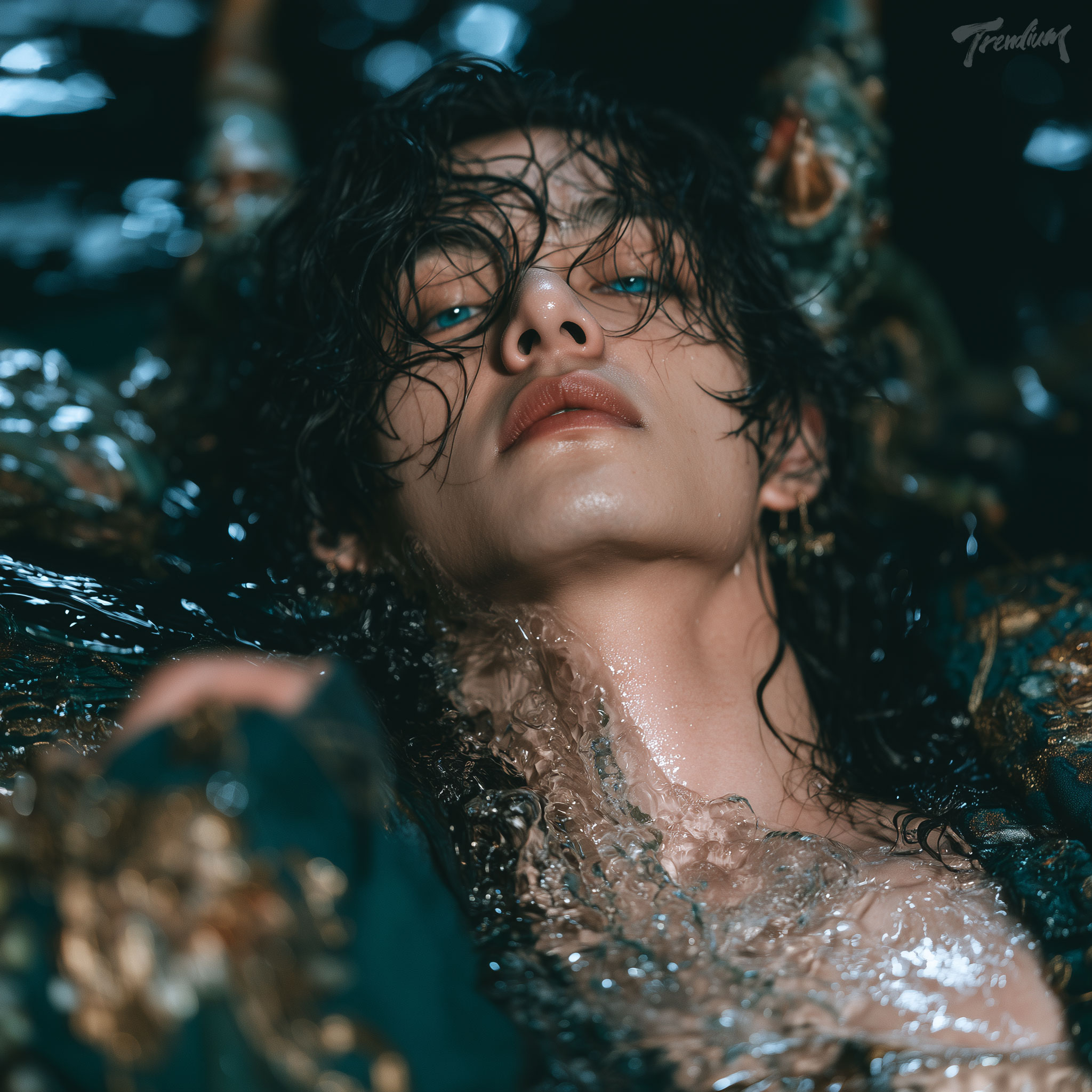 [prompt] Editorial fashion photography of a kpop idol model as a modern sea dragon deity, dark emerald and gold embroidered royal robe, aquatic dragon horns emerging from hair, wet skin, glowing deep sea eyes, dark studio lighting with water reflections --raw --stylize 750
