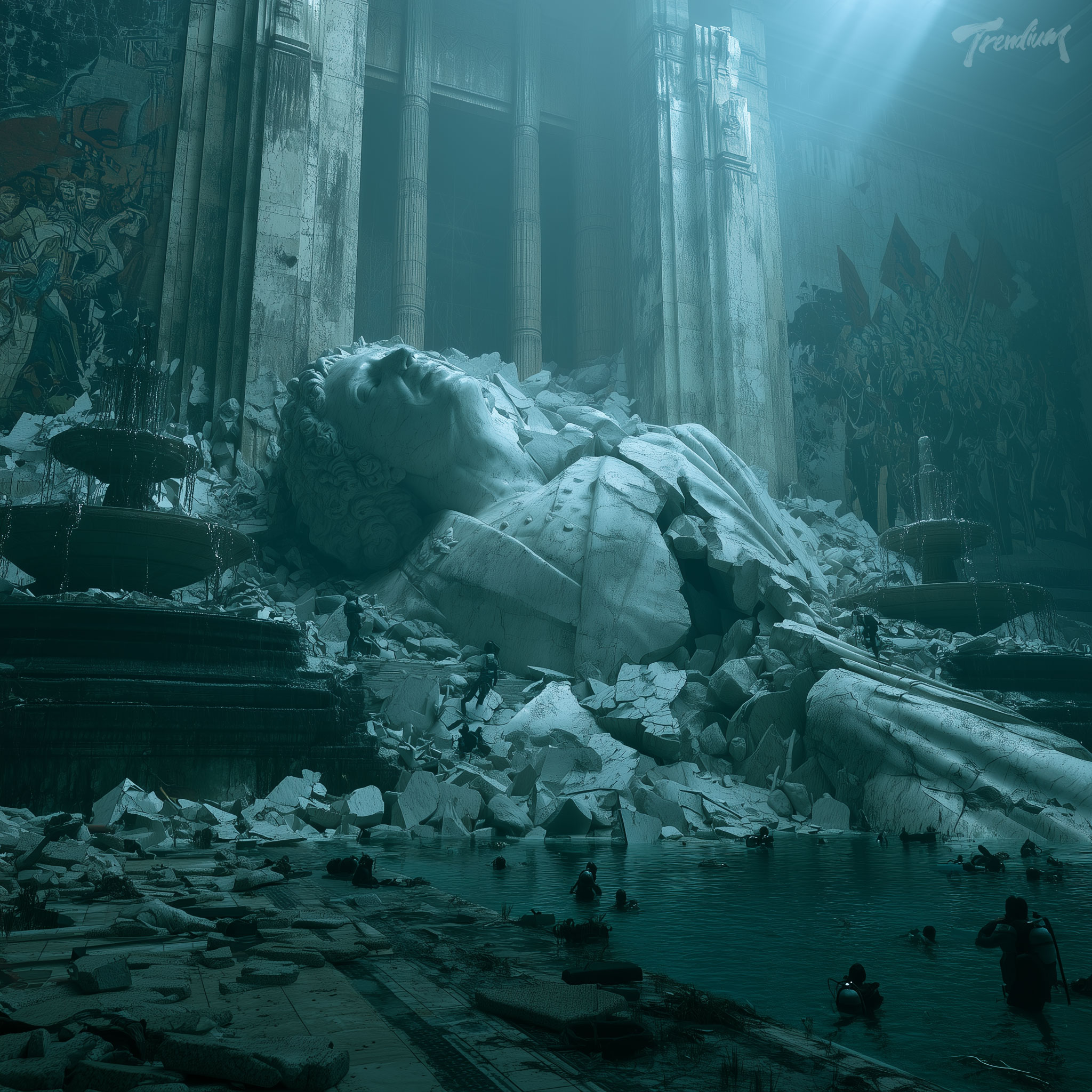 [prompt] A colossal marble statue of an idealized utopian leader lying fractured across an underwater plaza, faded propaganda murals and broken Art Deco fountains behind it, tiny divers revealing the enormous scale, cinematic dystopian composition.