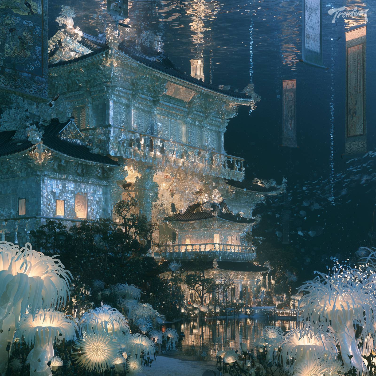 [prompt] A surreal underwater palace built with iridescent mother-of-pearl (Najeon) walls and Seven-Jewel ornaments, glowing sea anemones, floating ancient Korean silk scrolls, serene deep sea atmosphere, hyperrealistic macro architecture, Korean folk tale style
