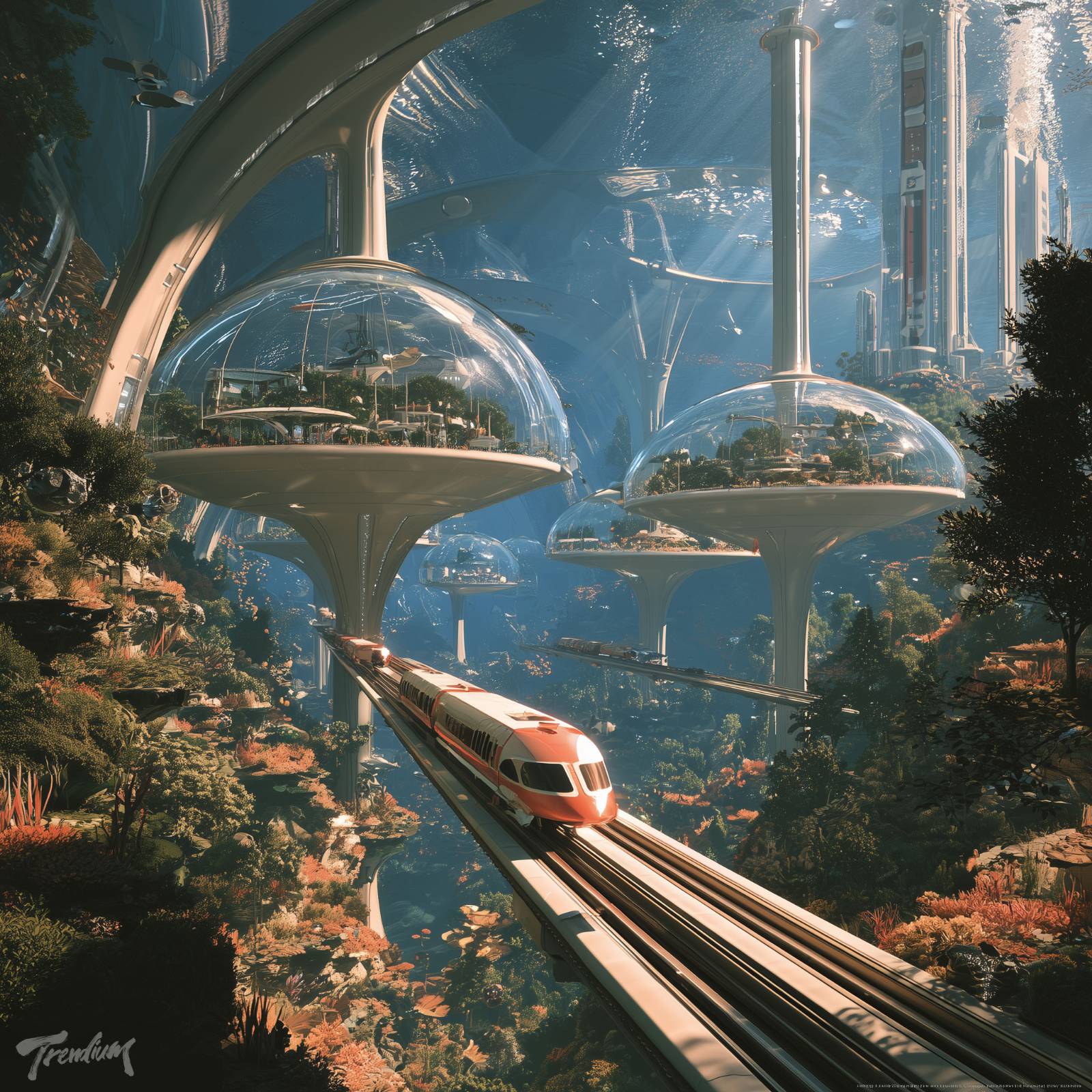 [prompt] 1960s retro-futurist underwater city, glass domes connected by underwater monorail, bright artificial daylight, retro poster illustration --raw --stylize 400