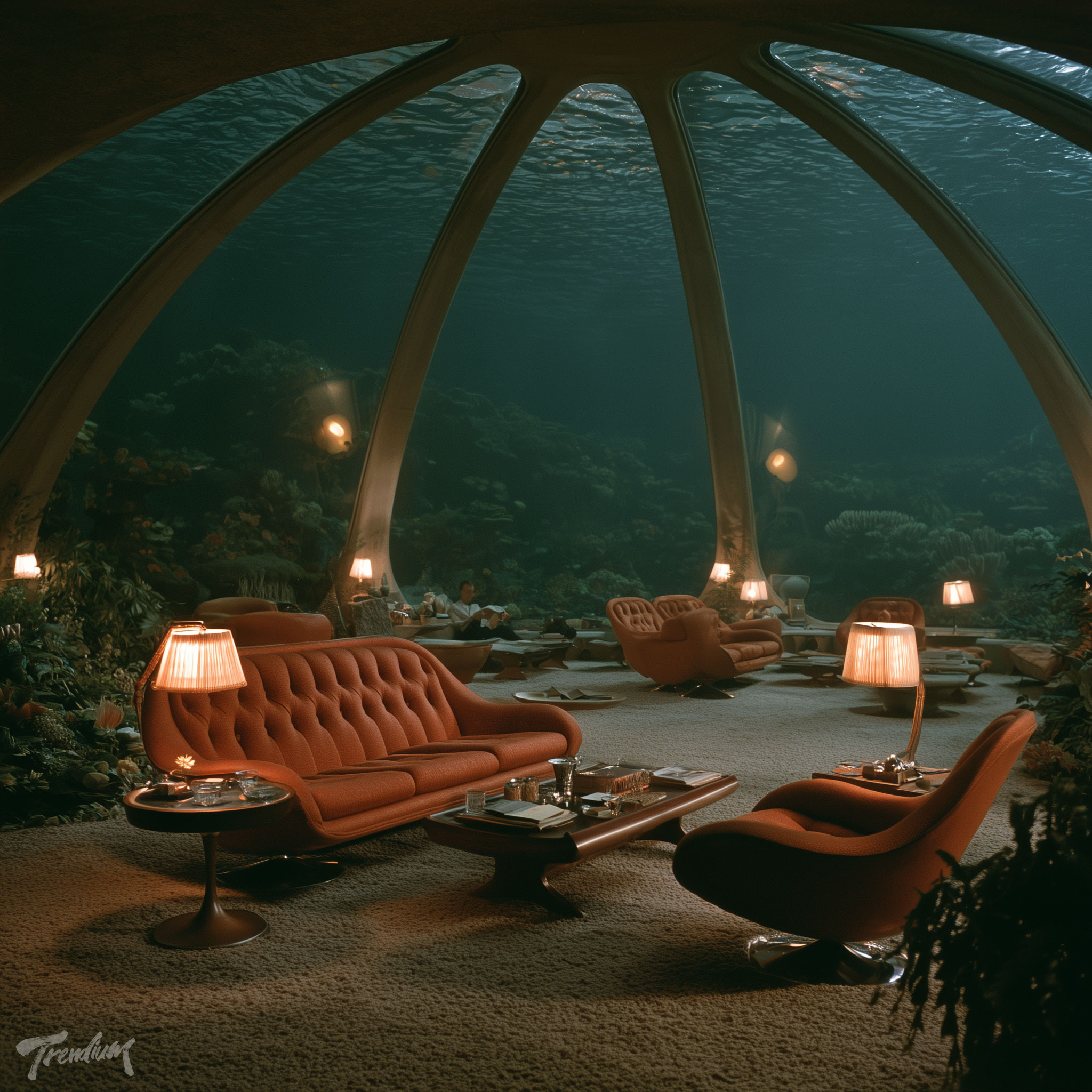 [prompt] underwater lounge interior, evenly lit through glass dome ceiling, mid-century furniture, 1960s scientific optimism --raw --stylize 400