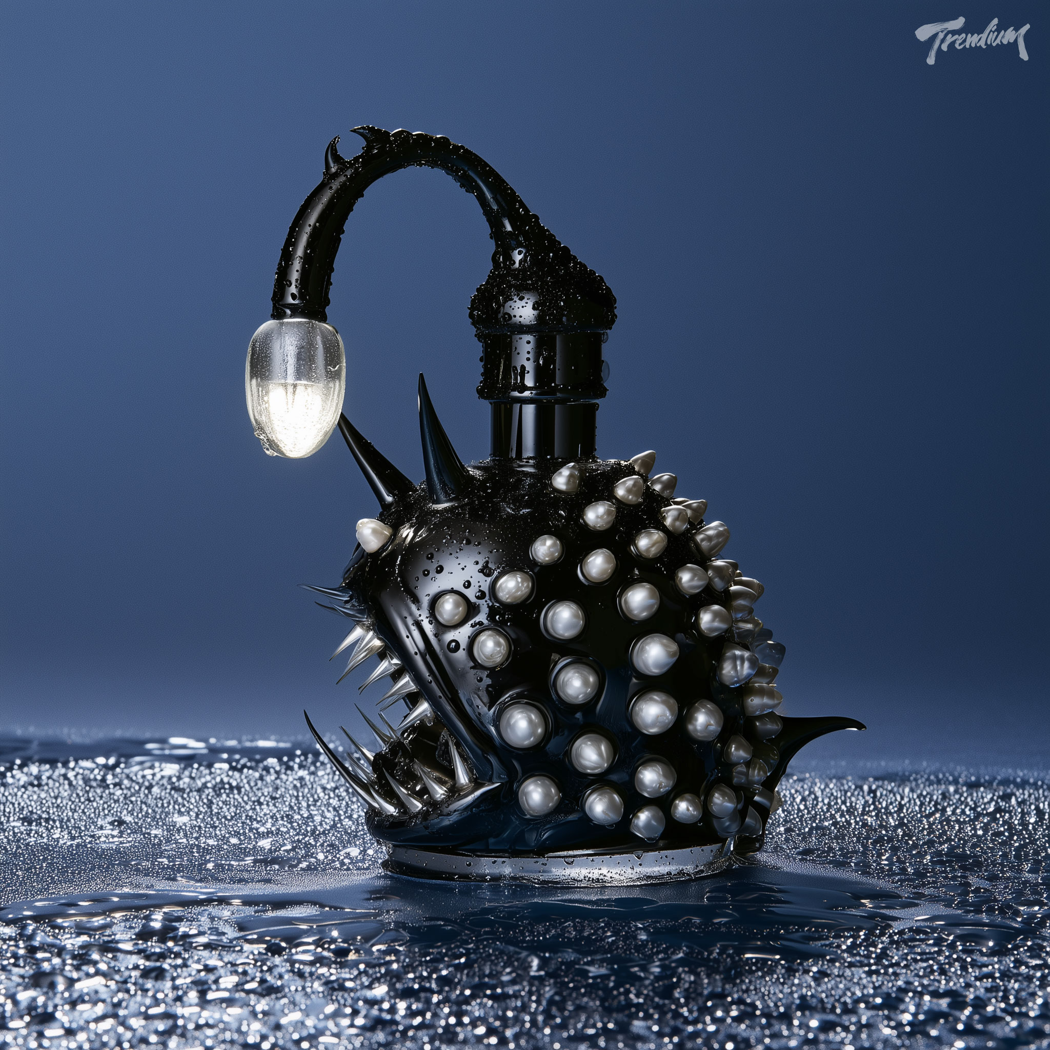 [prompt] A luxury perfume bottle designed as a deep-sea organism, black glass body covered with pearl-like barnacles, a glowing anglerfish lure forming the cap, wet metallic surface, abyssal blue studio background, dramatic product photography.