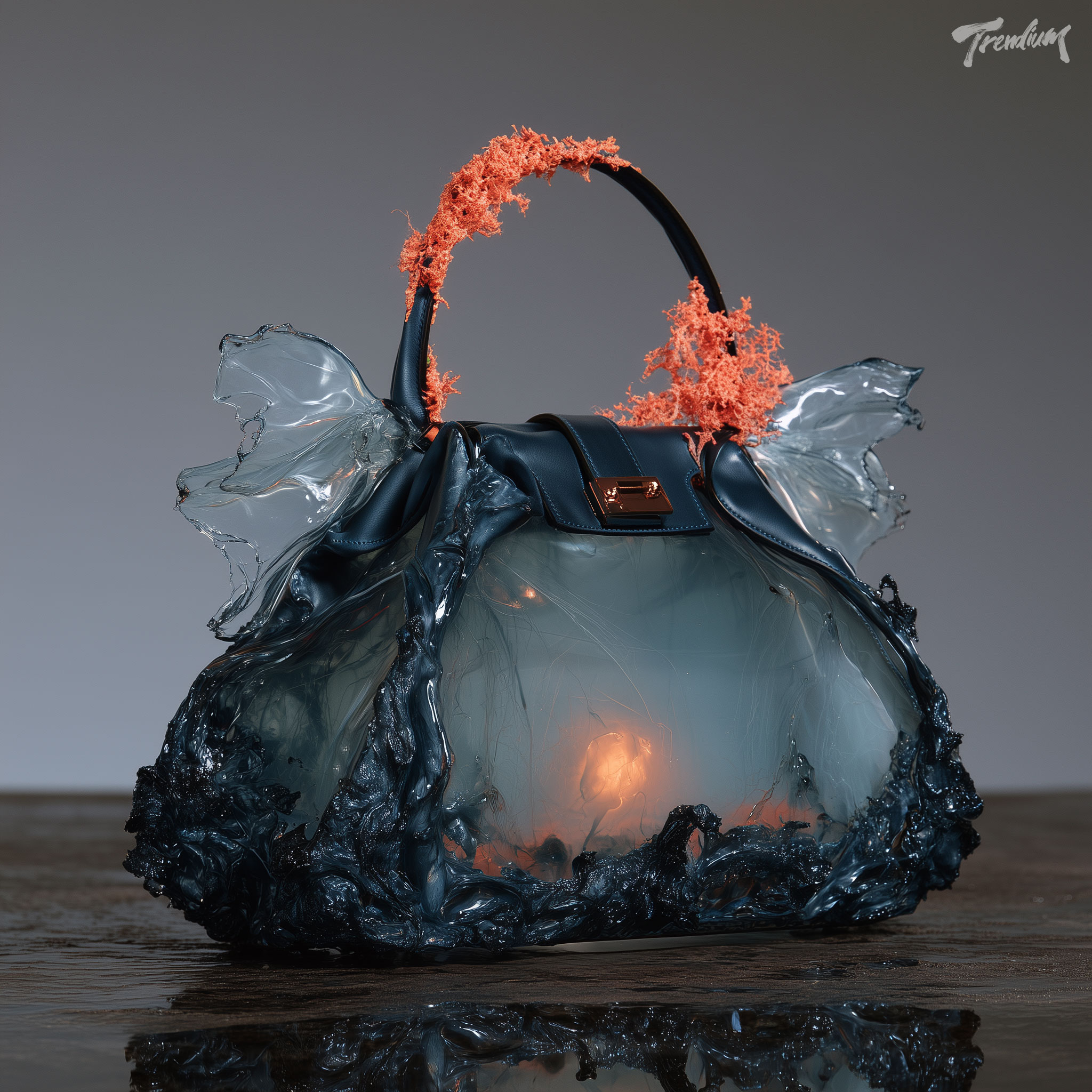 [prompt] An experimental handbag resembling a living abyssal creature, glossy blue-black organic leather, coral-encrusted handle, translucent fin-shaped panels and a single amber luminous detail, surreal luxury product campaign, dark reflective surface. --raw --stylize 250