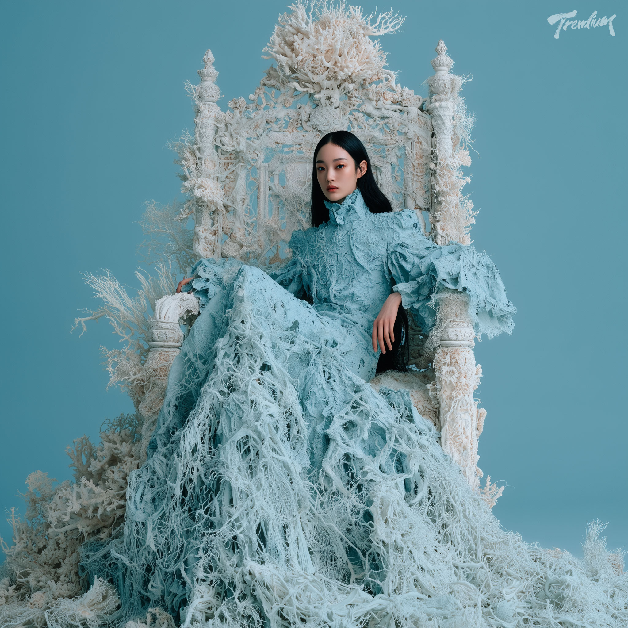 [prompt] Korean female model, early 20s, editorial portrait, coral-encrusted throne backdrop, gown fused with wet organic sea textures, unnaturally glowing deep sea eyes --raw --stylize 500