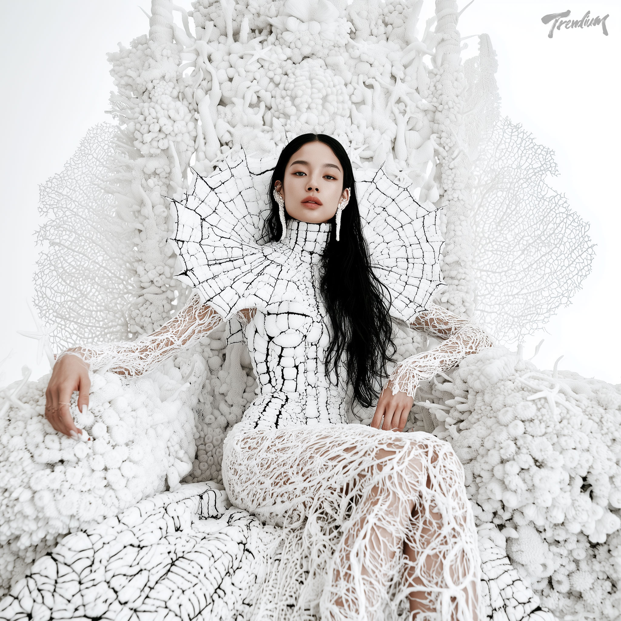 [prompt] Korean female model, early 20s, editorial portrait, coral-encrusted throne backdrop, gown fused with wet organic sea textures, unnaturally glowing deep sea eyes --raw --stylize 500 --sref 569831680