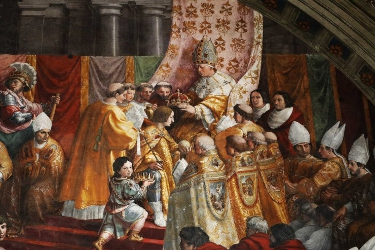 The Coronation of Charlemagne, Vatican Palace. 교황 레오 3세가 샤를마뉴에게 관을 씌우는 이 장면은, 교회가 세속 권력을 임명하는 질서를 시각화한 프레스코이다. 중세 라틴 기독교 세계에서 교황권의 정치적 역할이 본격화되는 상징적 기점으로 여겨진다.
