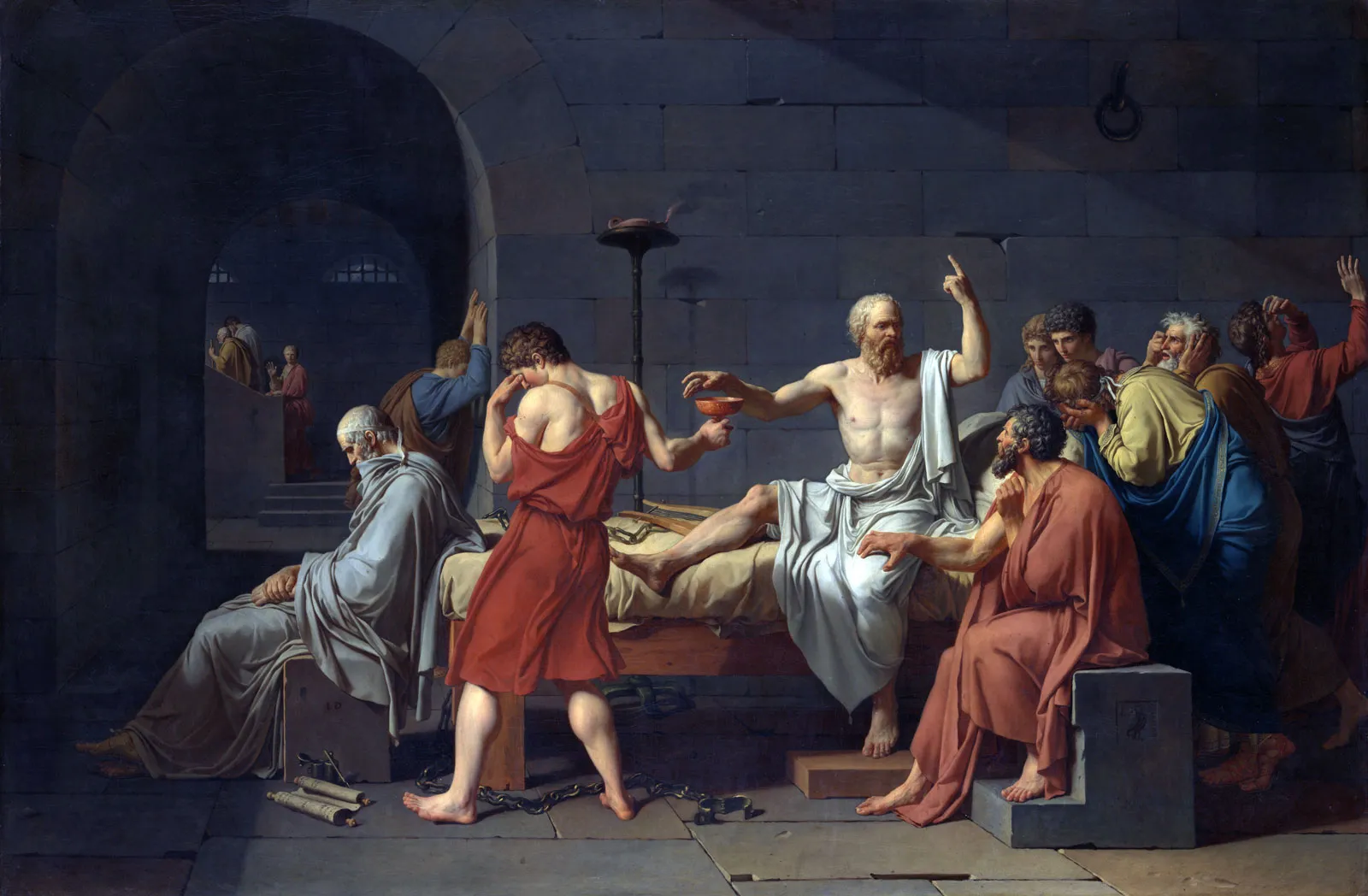 Jacques-Louis David, The Death of Socrates, 1787.
아테네 감옥에서 독배를 마시는 소크라테스의 마지막 순간을 그린 신고전주의 회화. 진리와 정의를 위한 철학자의 죽음은 계몽주의 시대 이후 ‘이성의 순교’로 기억되며, 시민적 용기와 자유 정신의 상징이 되었다.