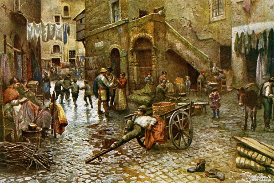 에트레코 트리오니(Ettore Roesler Franz, 1845–1907)로마의 유대인 거주 구역(Ghetto di Roma)에서의 활기찬 일상을 묘사한다. 당시의 좁은 골목, 빨래줄, 이동 상인, 아이들의 놀이가 고스란히 담겨 있으며, 유대인 공동체의 도시 생활과 지역적 정체성을 보여주는 중요한 시각 자료로 평가된다.