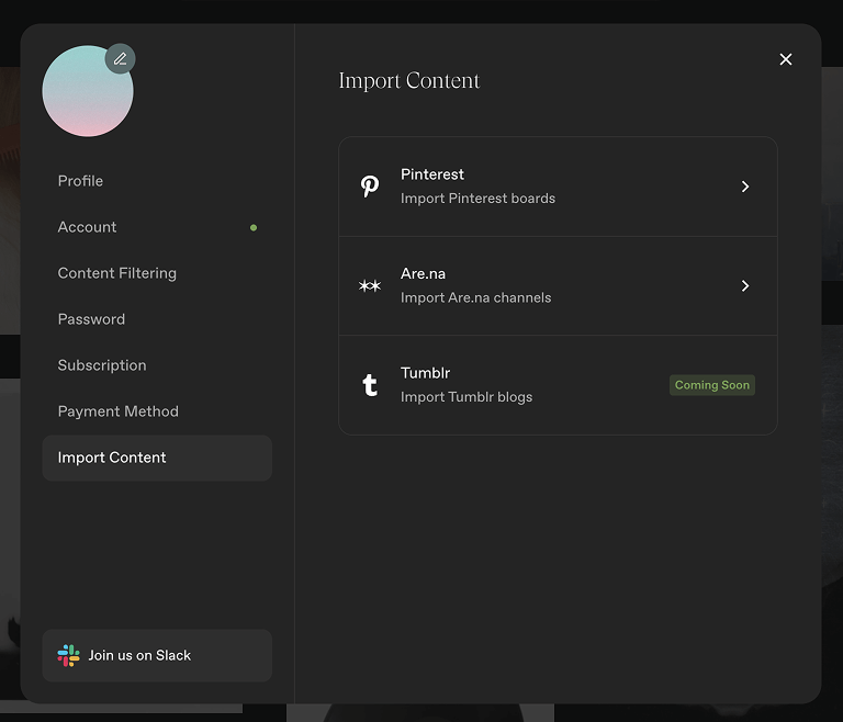 Pinterest나 Are.na에 저장한 무드보드 전체를 불러올 수도 있고
