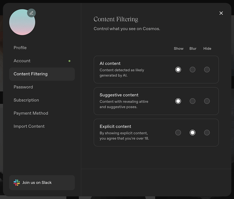 Suggestive는 패션 화보 수준의 노출, Explicit은 19금 콘텐츠. 이렇게 구분해서 필터링하더라고요