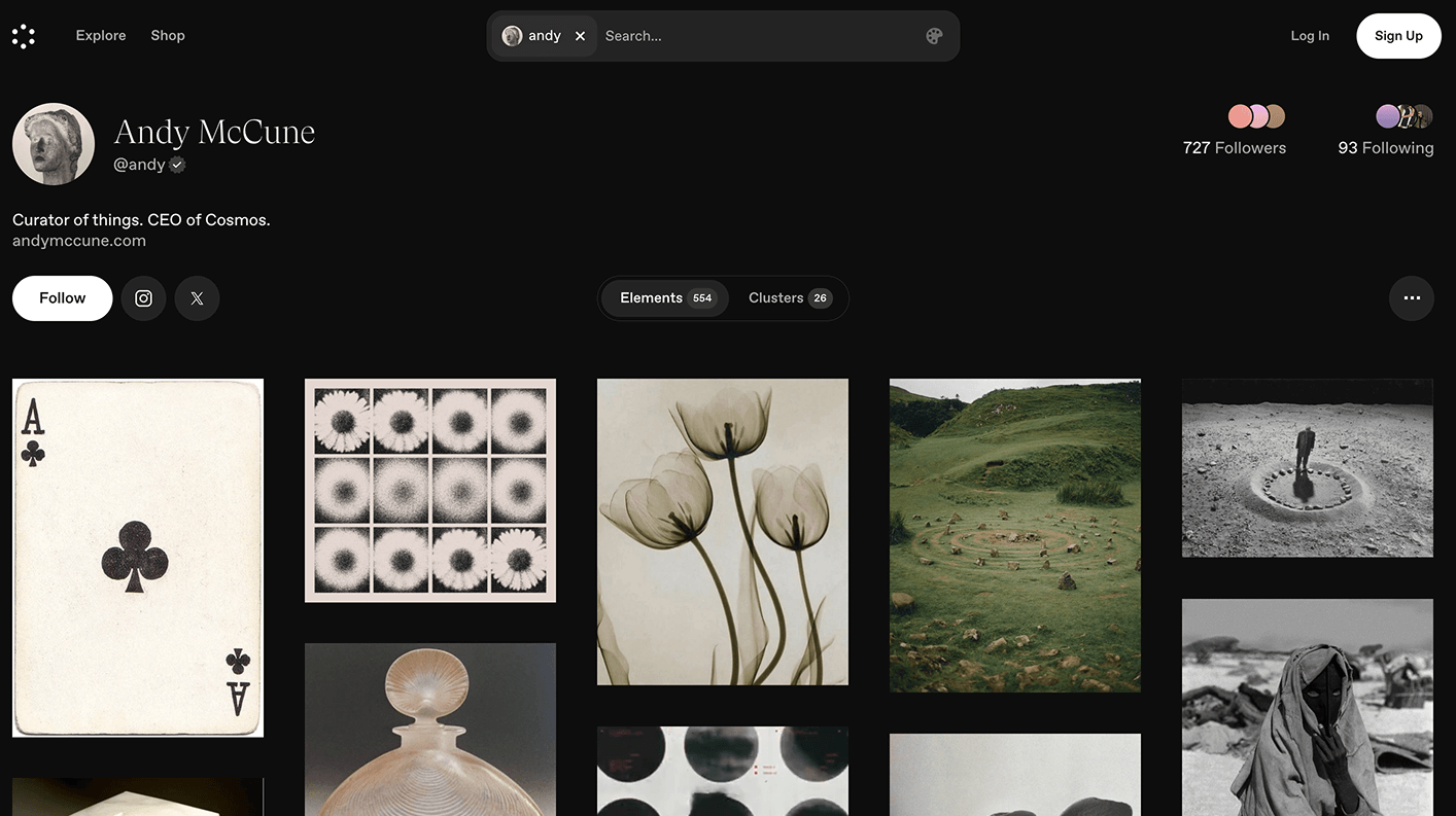 Cosmos 대표 Andy의 계정. 프사, 자기소개, 소셜 링크도 있고, 오른쪽에 팔로워, 팔로우 보여주고