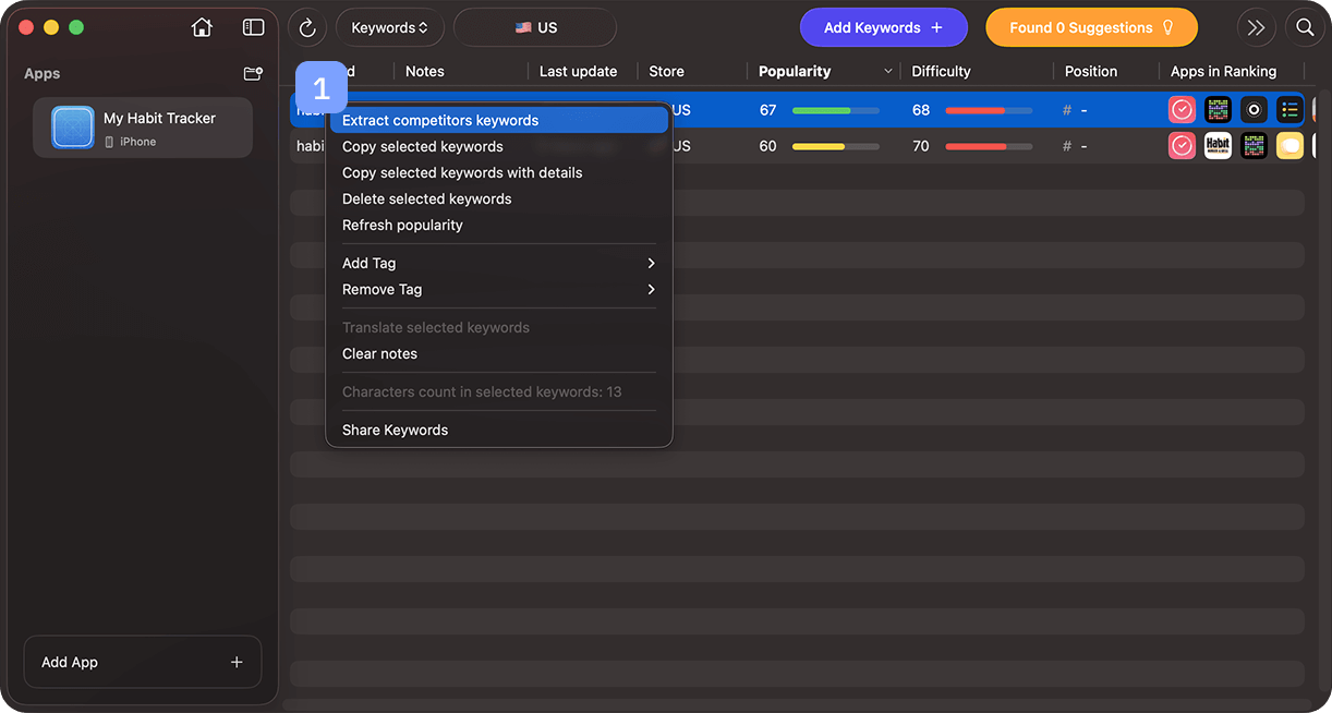 키워드 하나 선택하고, 마우스 우클릭 후 Extract competitors keywords 선택