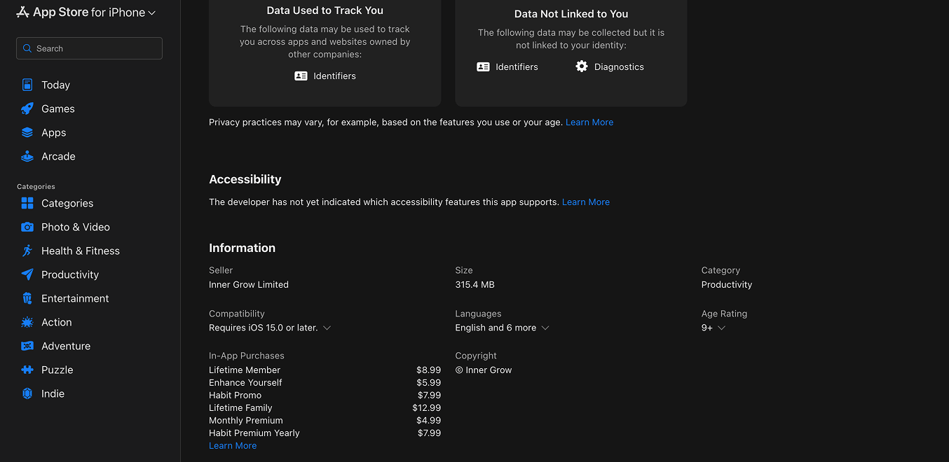 하단에 Information 섹션 > In-App Purchases 더보기 버튼 누르면 가격 촤르륵 나옴