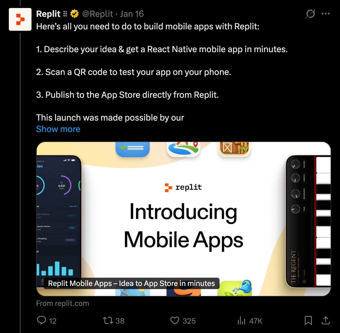 Replit의 '앱 스토어 출시 자동화 기능' 소개 트윗
