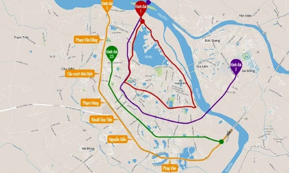 지도에 빨간색으로 표시된 고속도로 둘러싸인 곳이 첫 금지가 시작되는 도심구역. 이후 보라색(제 2 고속도로), 초록색, 노란색 구역으로 확대. Source: Vietnam.vn