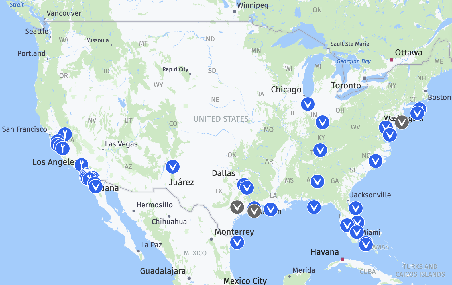 빈패스트의 미국 쇼룸과 서비스 매장들. 출처: https://vinfastauto.us/find-us