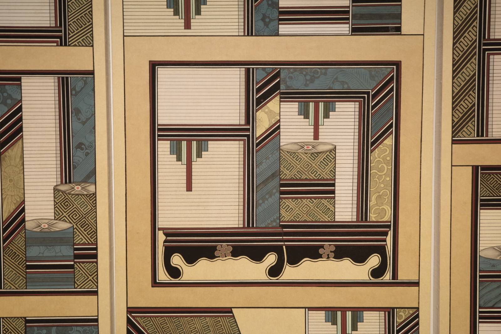 정재은, 책거리, 2025, 옻지에 분채, 봉채, 먹