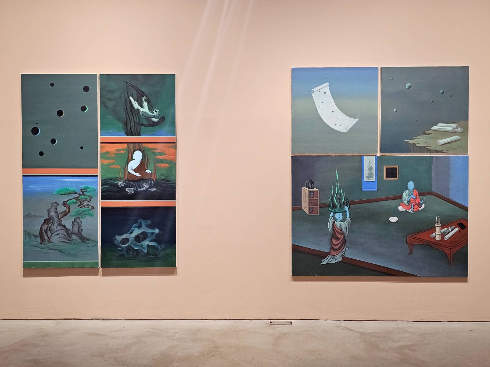 (좌) <백양사> 2025,&nbsp;Oil on canvas,&nbsp;180x70cm(2 panels) (우) <혜통선사>&nbsp;2025,&nbsp;Oil on canvas, 80x80cm(2 panels); 112x162 cm(1 panel)