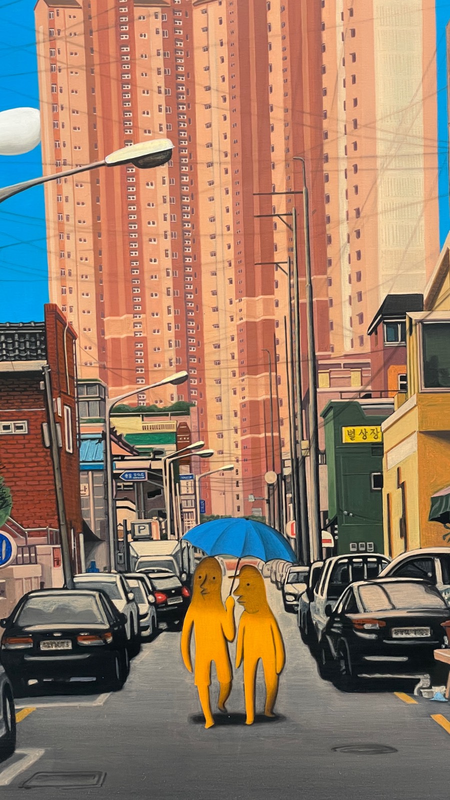 <골목길을 걸어가는 두 사람>, 2024-2026. Acrylic and acrylic gouache on canvas 130.5x162.5cm 부분